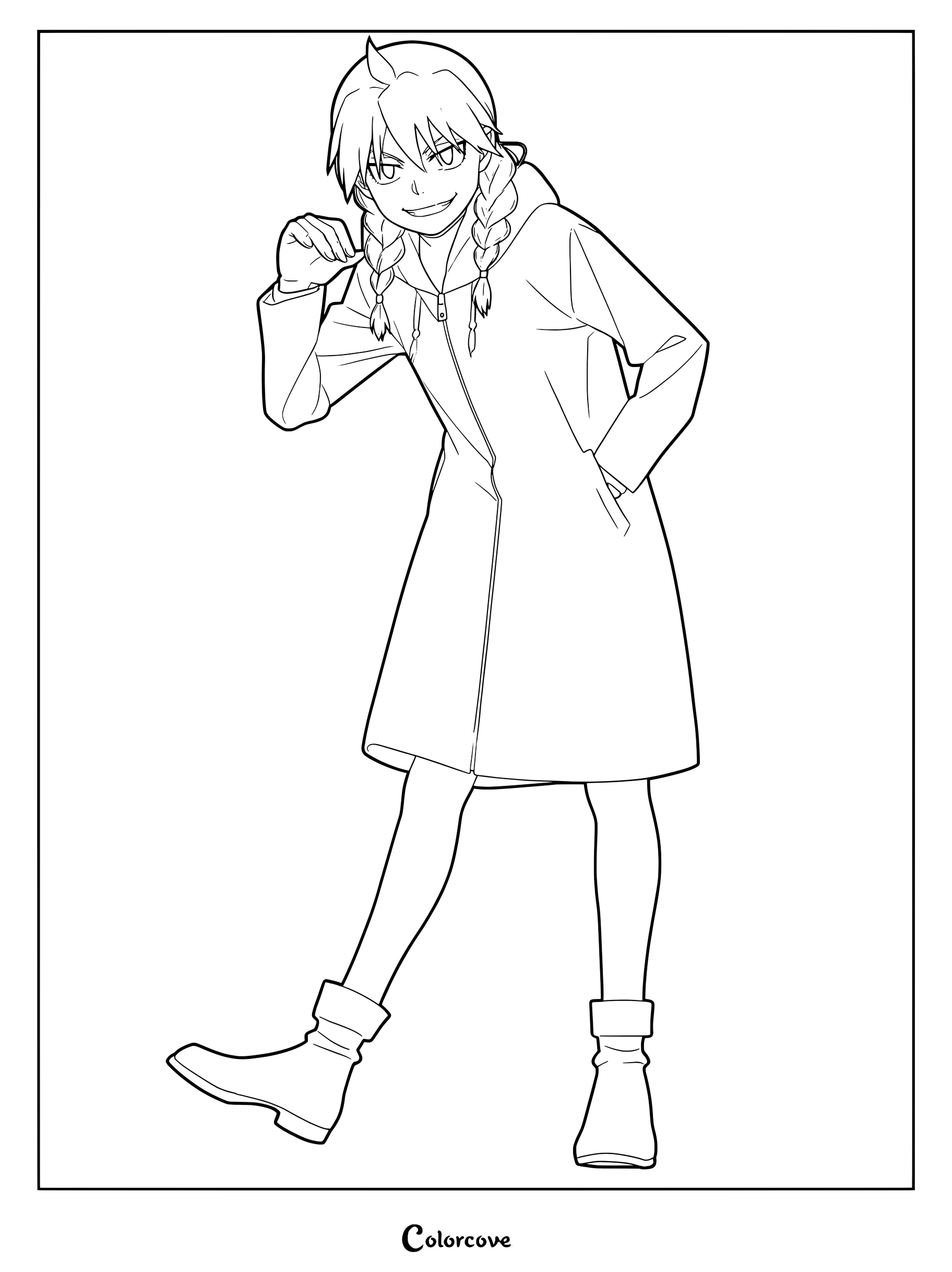 Medium difficulty coloring page of Gabby, the girl who attacked Yuru's village, standing in a hooded coat.