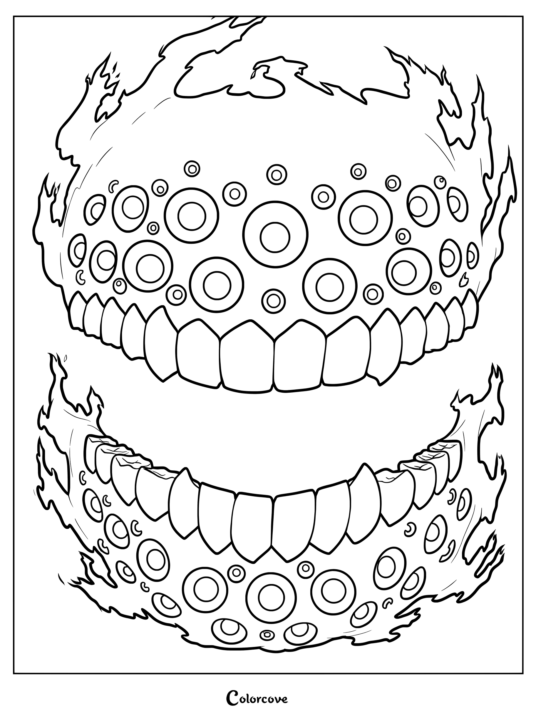 Detailed coloring page of Gabriel, a floating entity with many eyes and sharp teeth surrounded by flickering flames.