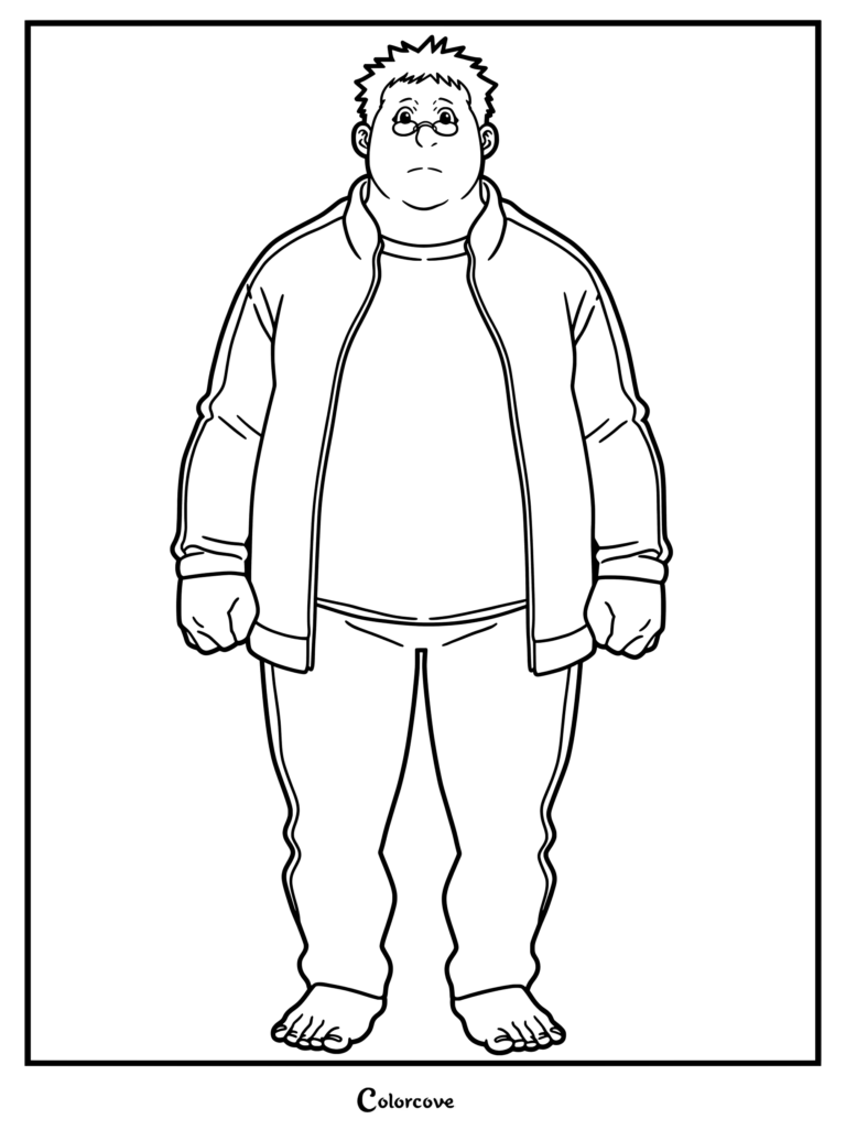 Coloriage simple de Gonzo Kagemori, le chef de la Famille Kagemori, debout dans un survêtement décontracté.