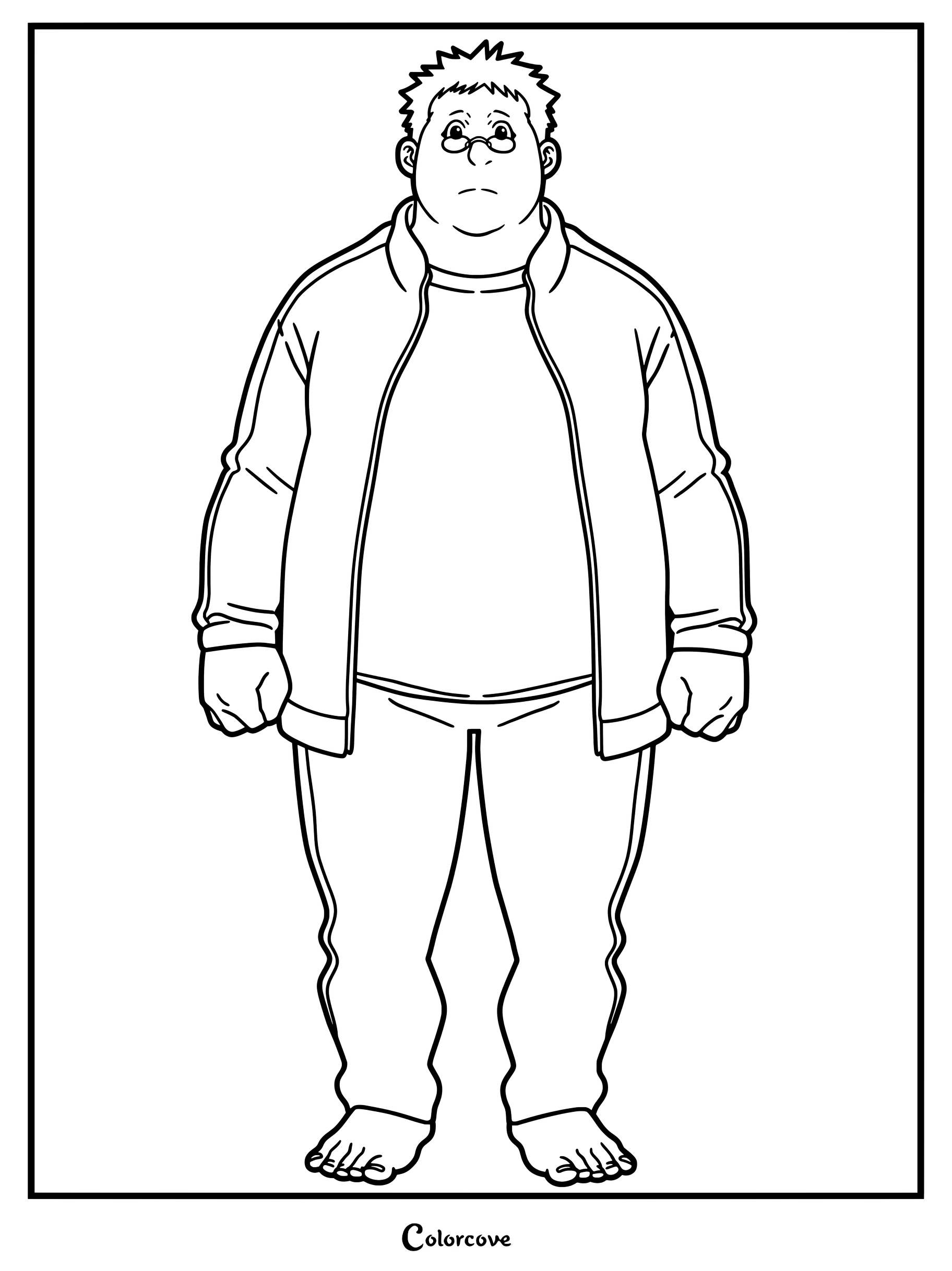 Simple coloring page of Gonzo Kagemori, the Head of the Kagemori family, standing in a casual tracksuit.
