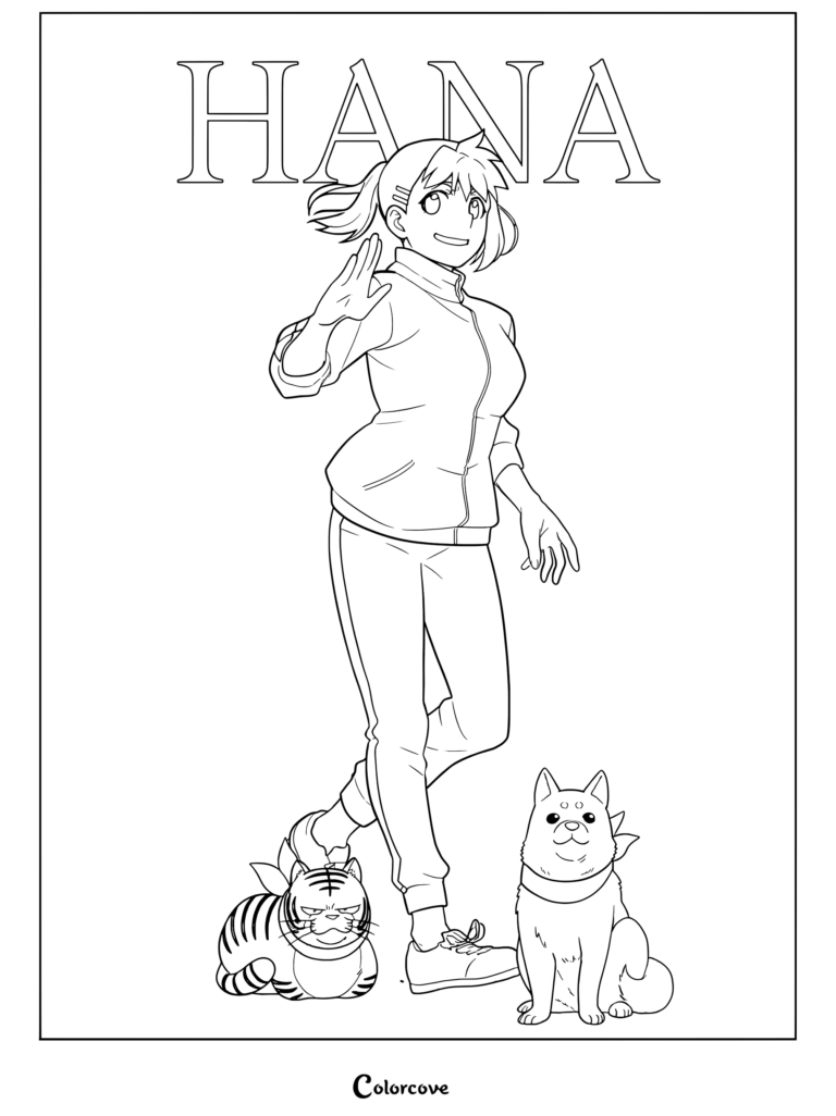 Coloriage détaillé d'Hana faisant coucou avec un démon tigre et un démon chien dans l'univers de Tsugai.