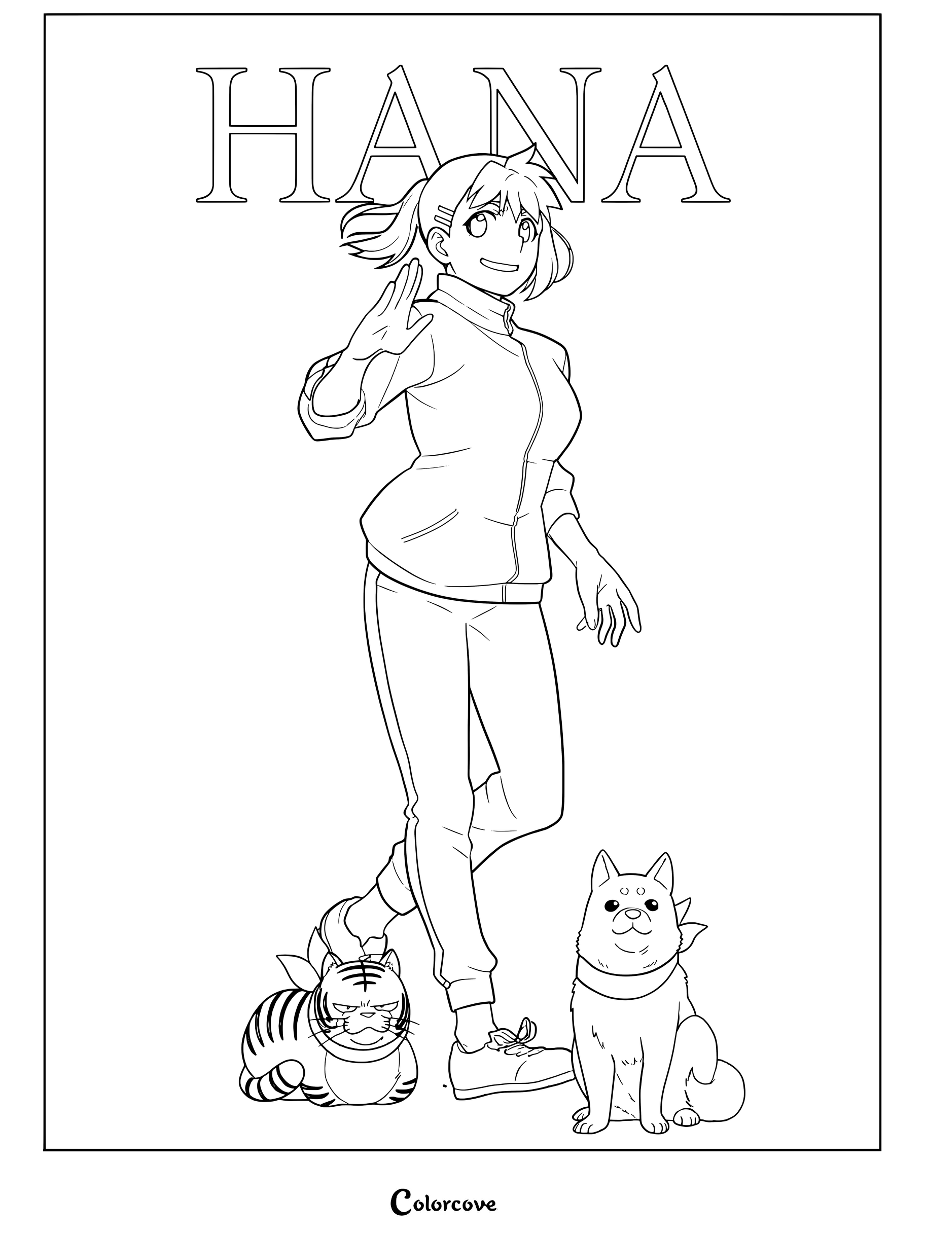 Detailed coloring page of Hana waving with a tiger daemon and a dog daemon in the Shadow Realm.
