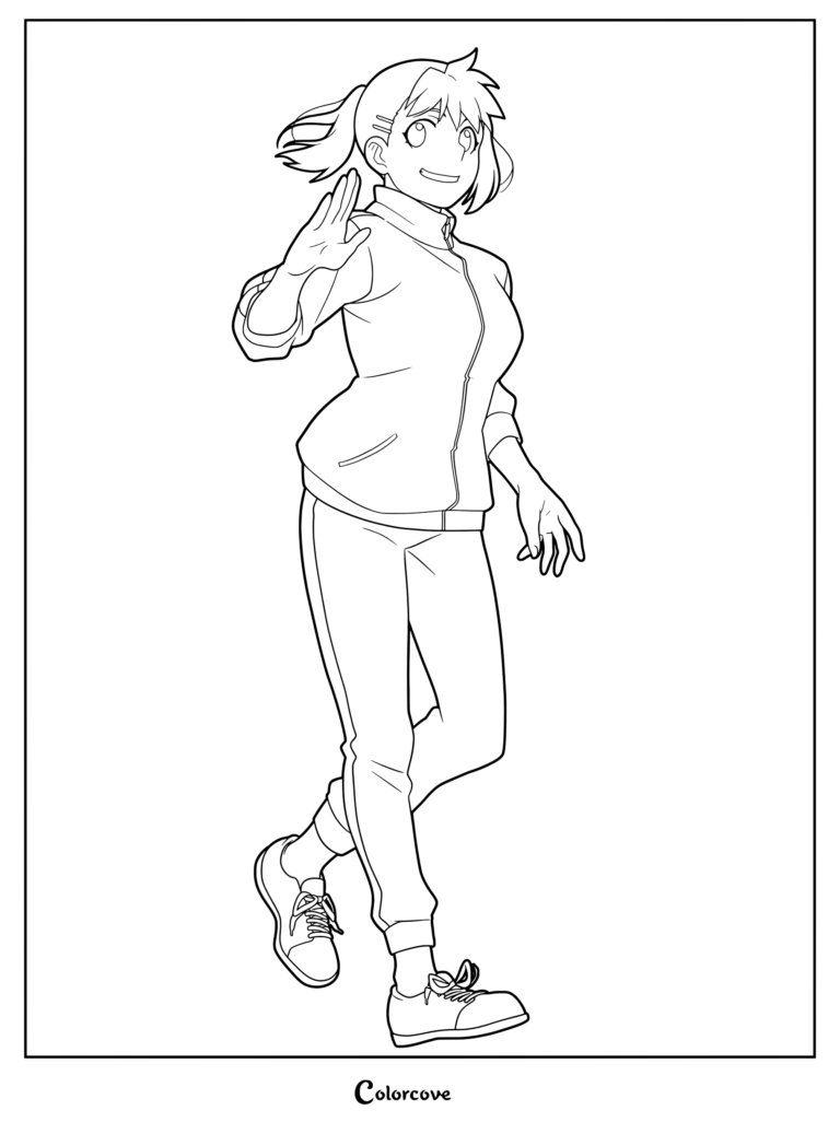 Coloriage détaillé d'Hana Danno, la stricte partisane du Village Higashi, faisant coucou dans sa tenue de sport décontractée.