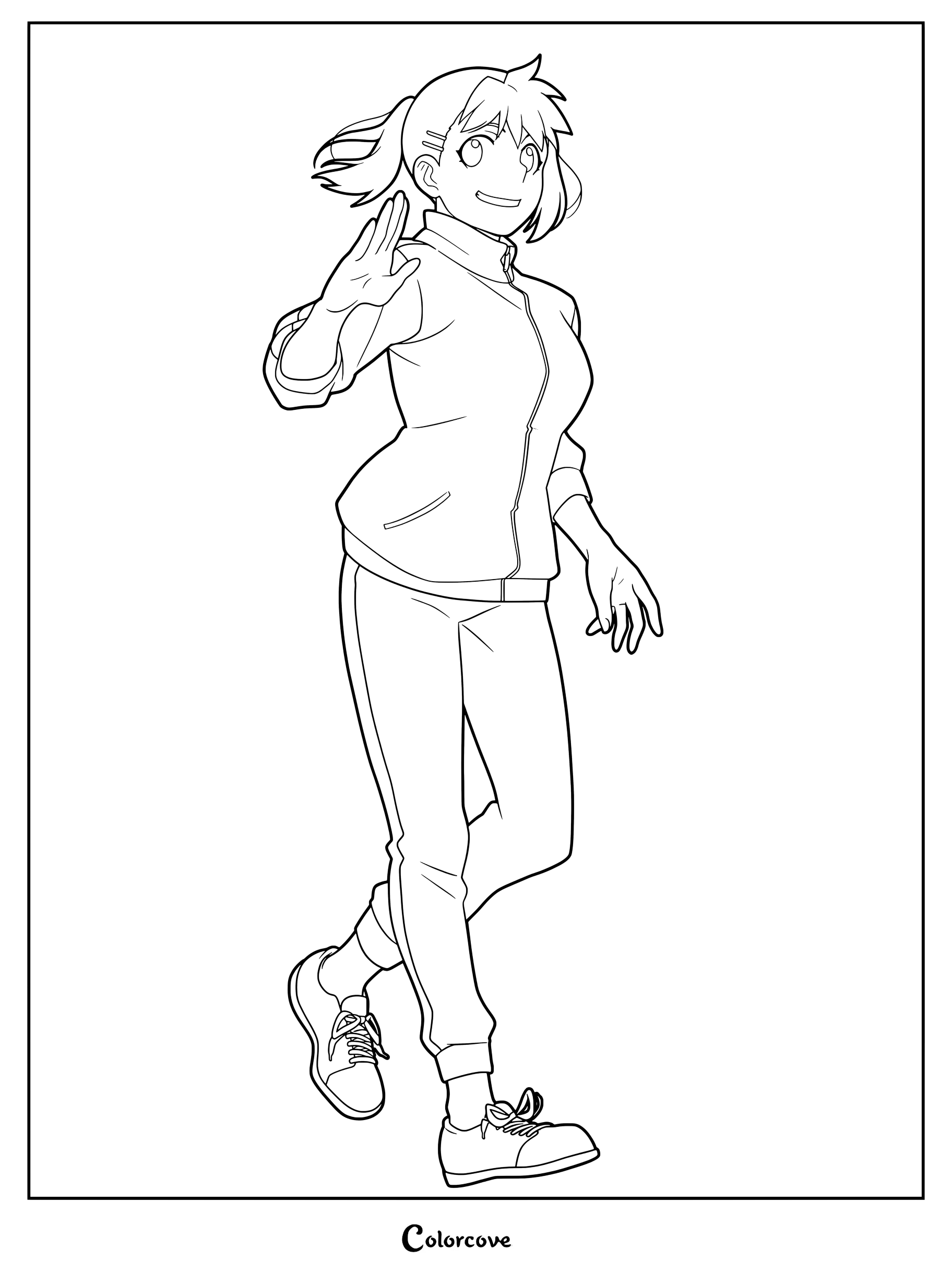 Detailed coloring page of Hana Danno, the strait-laced Higashi Village retainer, waving in her casual athletic wear.