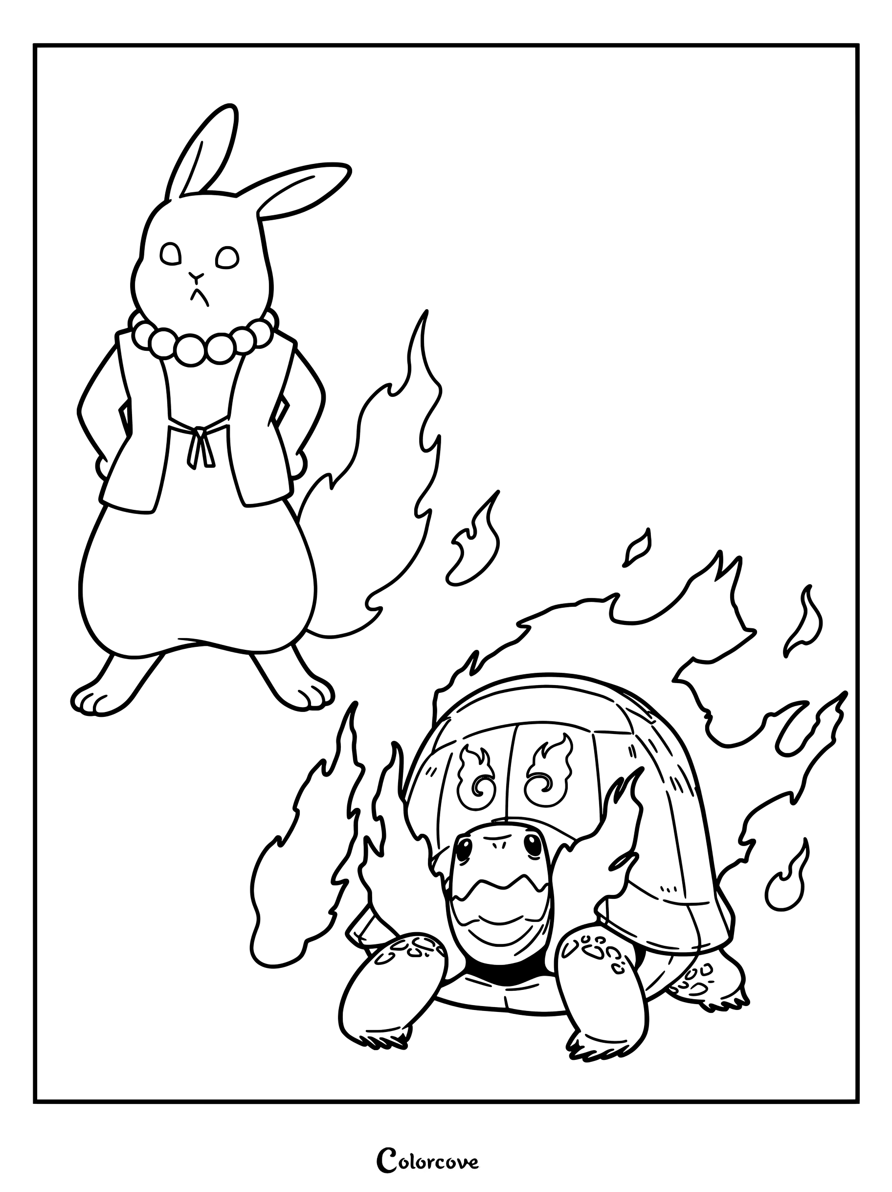 Detailed coloring page of Haruo's Hare and Tortoise Daemons inspired by Aesop's Fables in the Shadow Realm.
