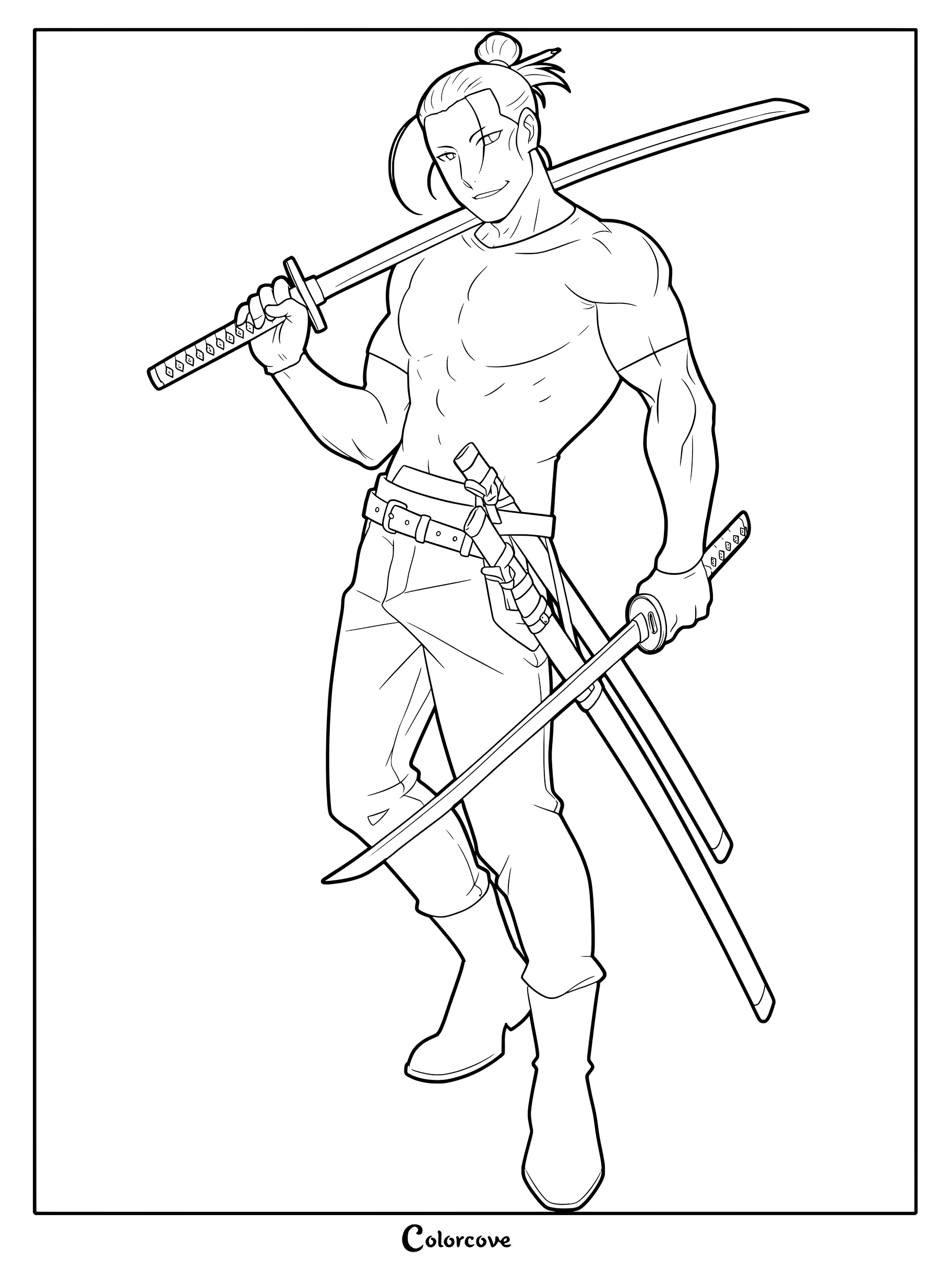 Detailed coloring page of Ivan Yosano, the Nishino Village assassin, holding katanas while hunting for the twins.