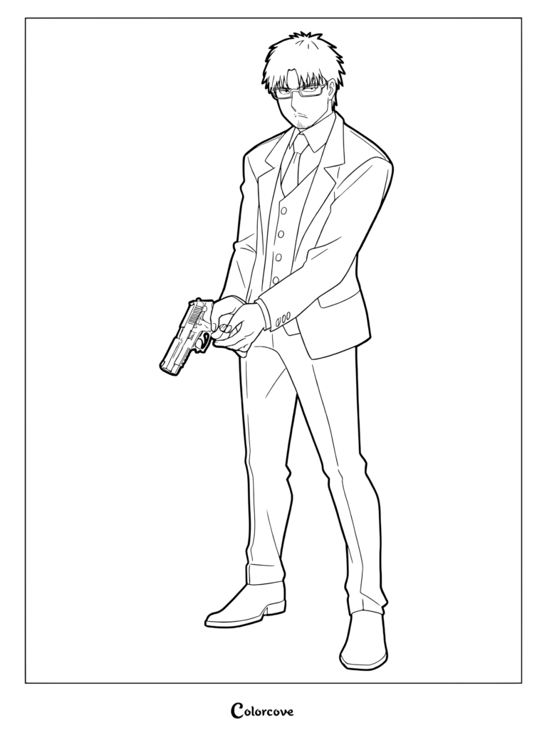 Coloriage détaillé de Jin Kagemori, le frère Kagemori sérieux à lunettes, tenant une arme de poing.