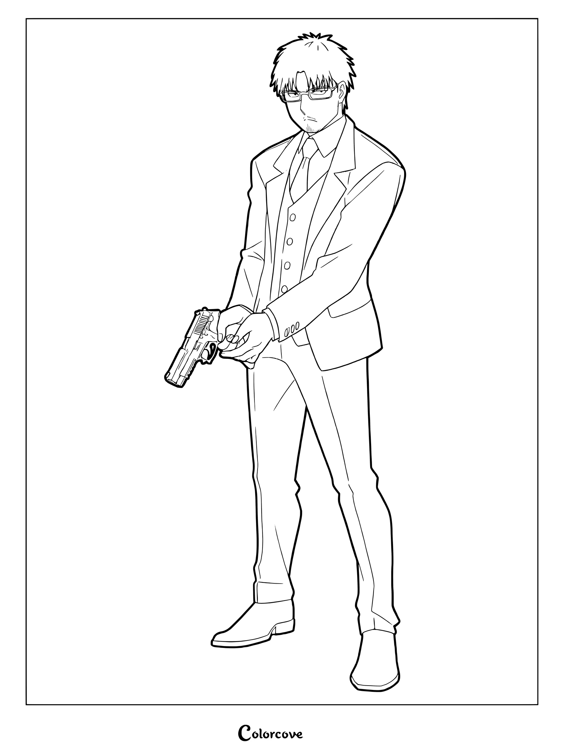 Detailed coloring page of Jin Kagemori, the serious bespectacled Kagemori brother, holding a handgun.