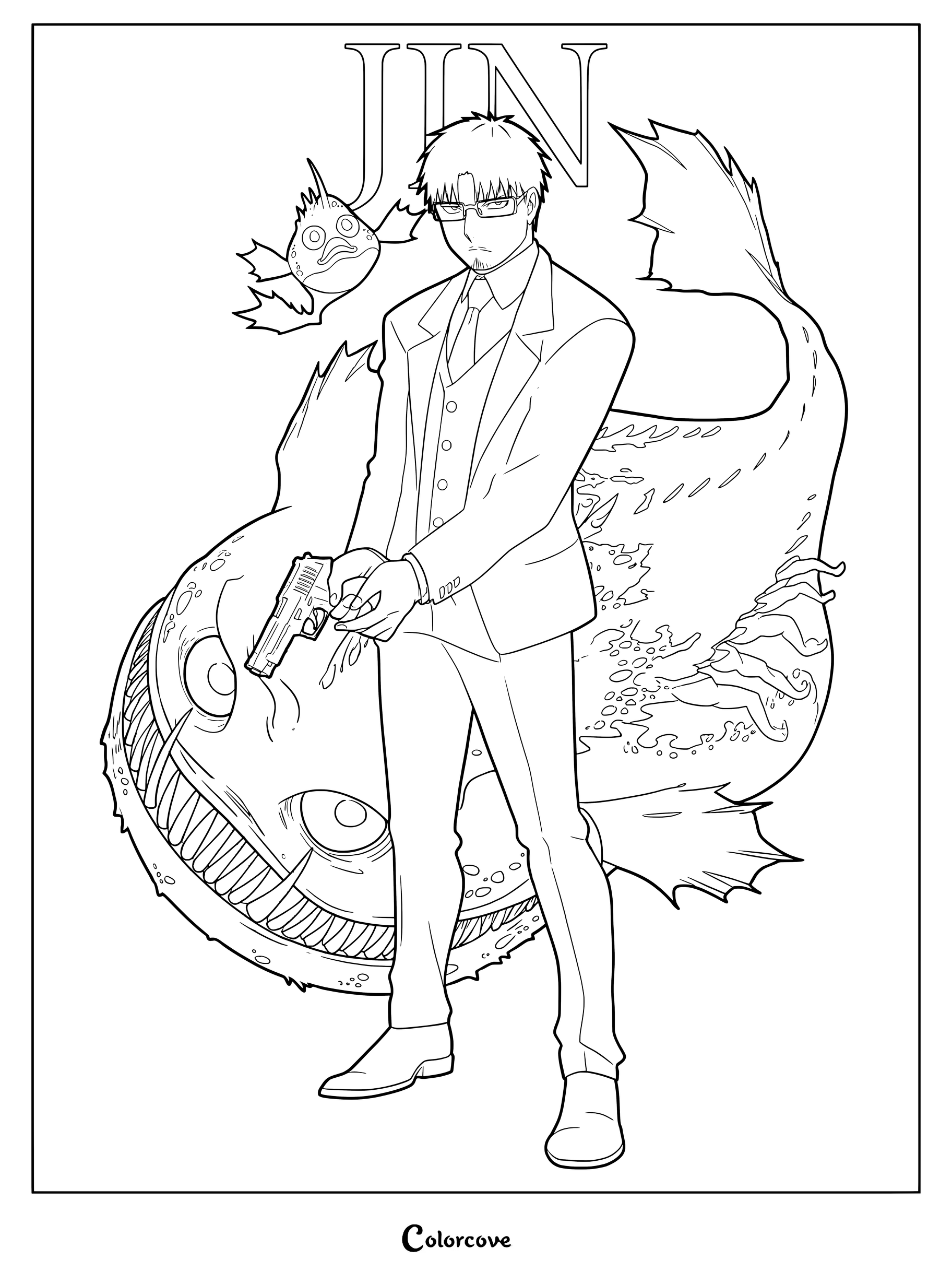 Detailed coloring page of Jin holding a gun with Ai and Makoto in the background from Daemons of the Shadow Realm.