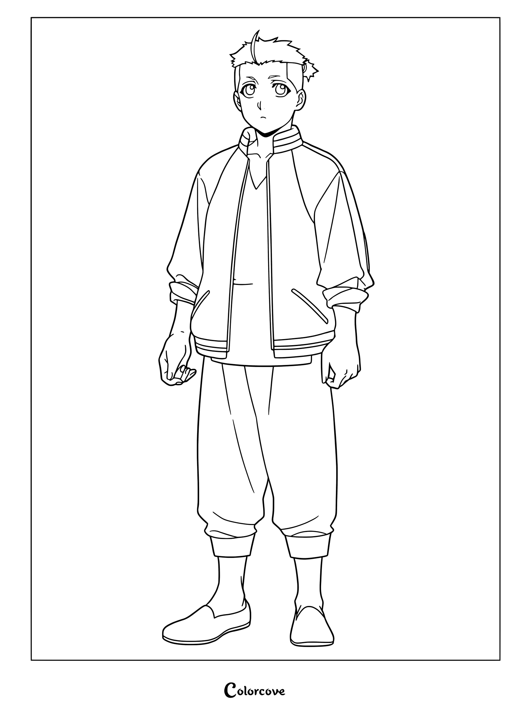 Medium difficulty coloring page of 13-year-old Ken Tadera, the younger half-brother of Ryuu Tadera, standing in a jacket.