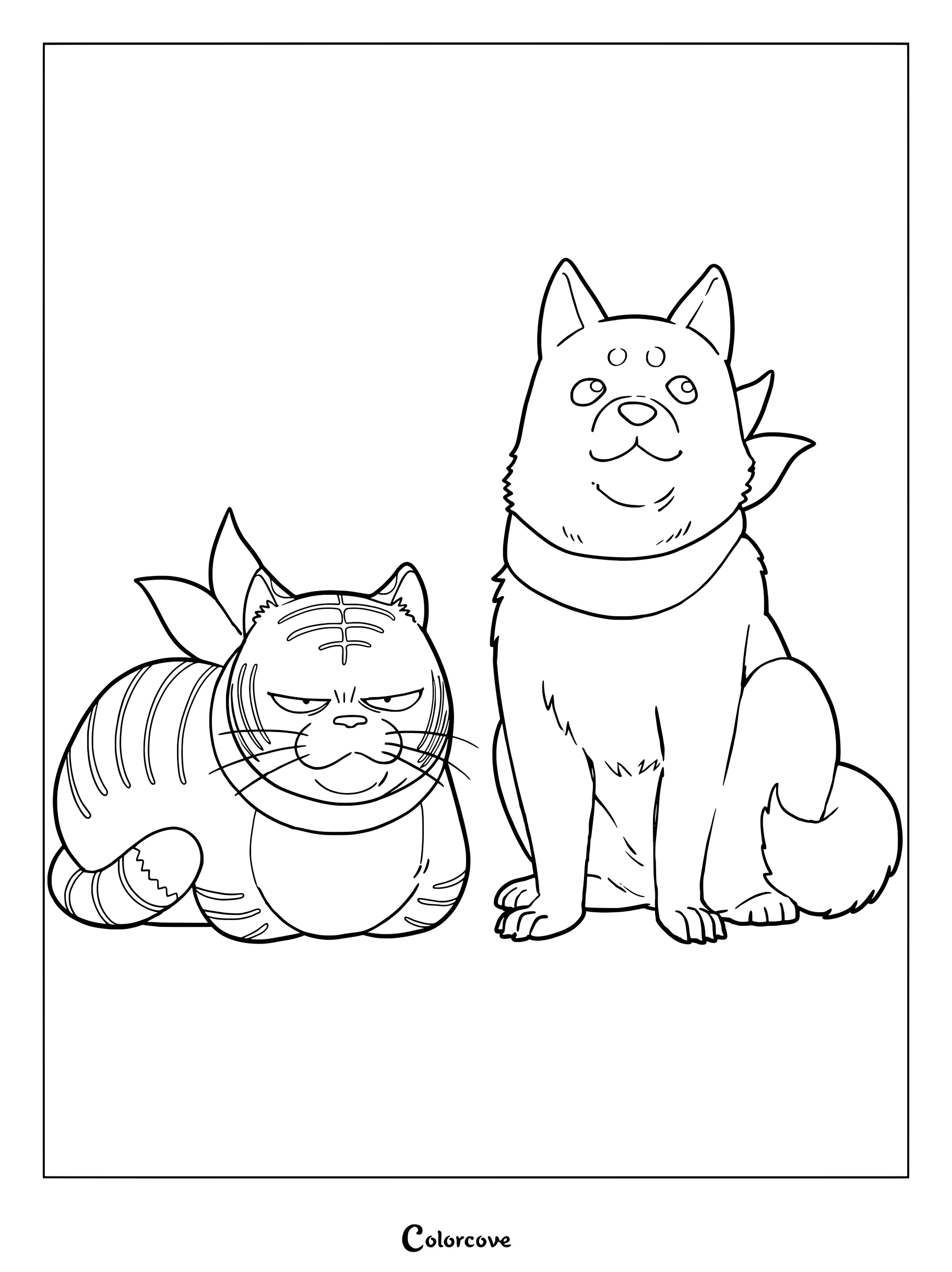 Medium difficulty coloring page of Kotetsu the tabby and Jiro the Shiba Inu, the Zenko-Koro Daemons of the Shadow Realm.