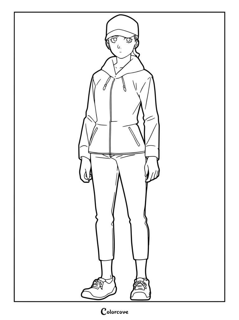 Coloriage détaillé de Makoto Tachikawa portant une casquette et un sweat à capuche, le kidnappeur devenu agent de la Famille Kagemori.