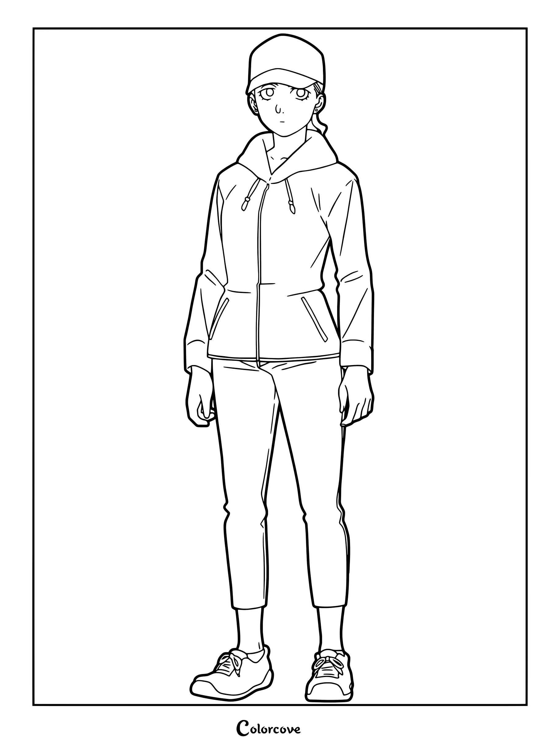 Detailed coloring page of Makoto Tachikawa wearing a cap and hoodie, the kidnapper turned Kagemori agent.