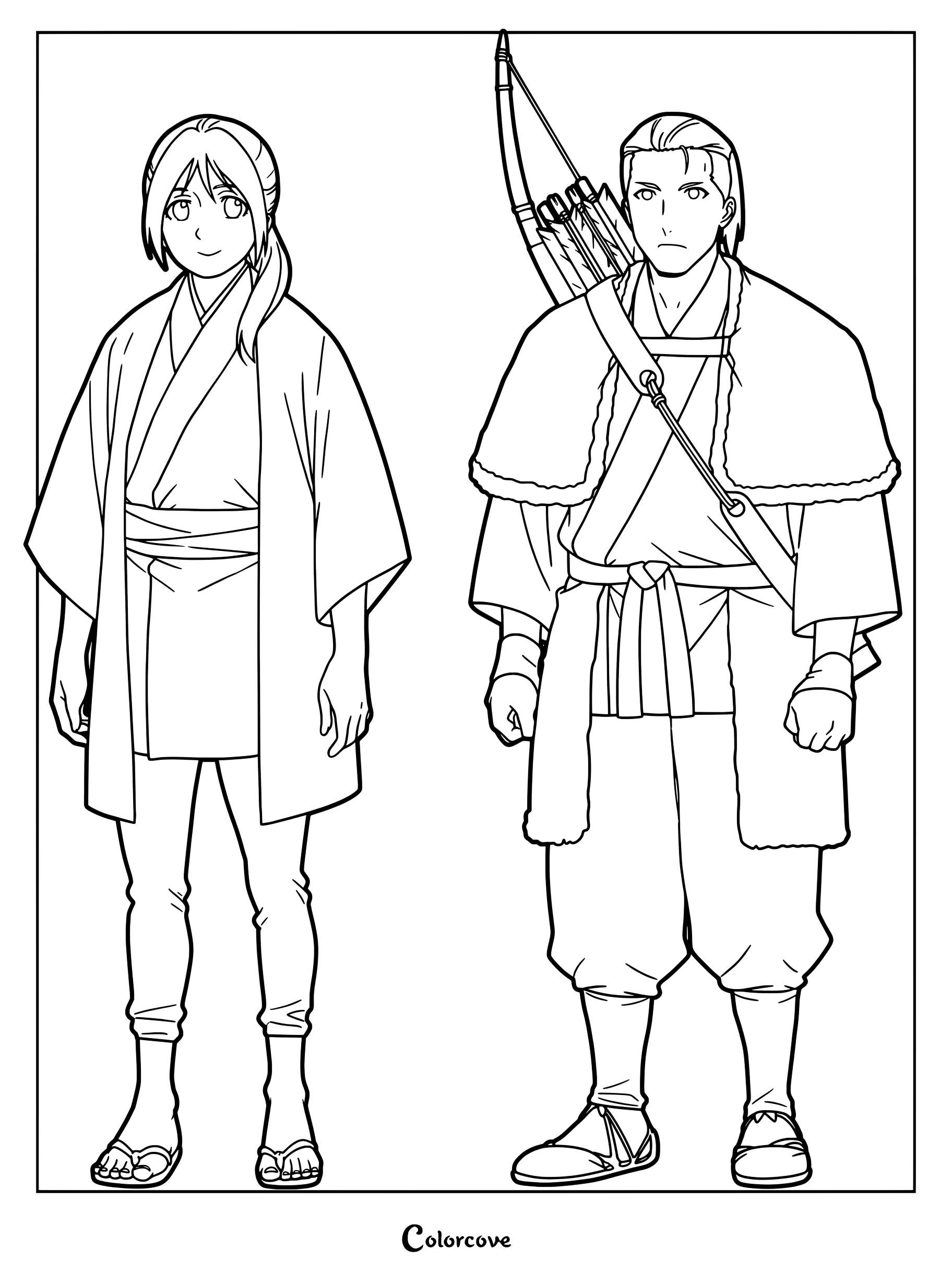 Detailed coloring page of Nagisa Kinjo and the hunter Mine from Higashi Village standing side by side.