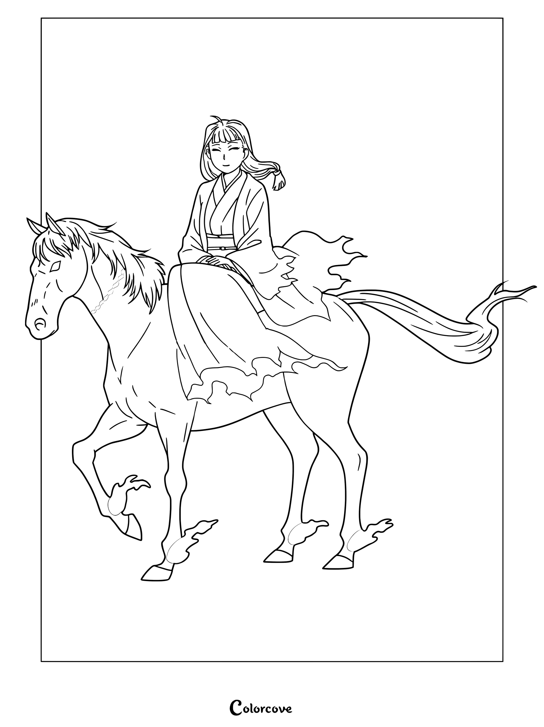 Detailed coloring page of Oshirasama, a white-haired woman riding her white stallion, a famous Japanese deity.
