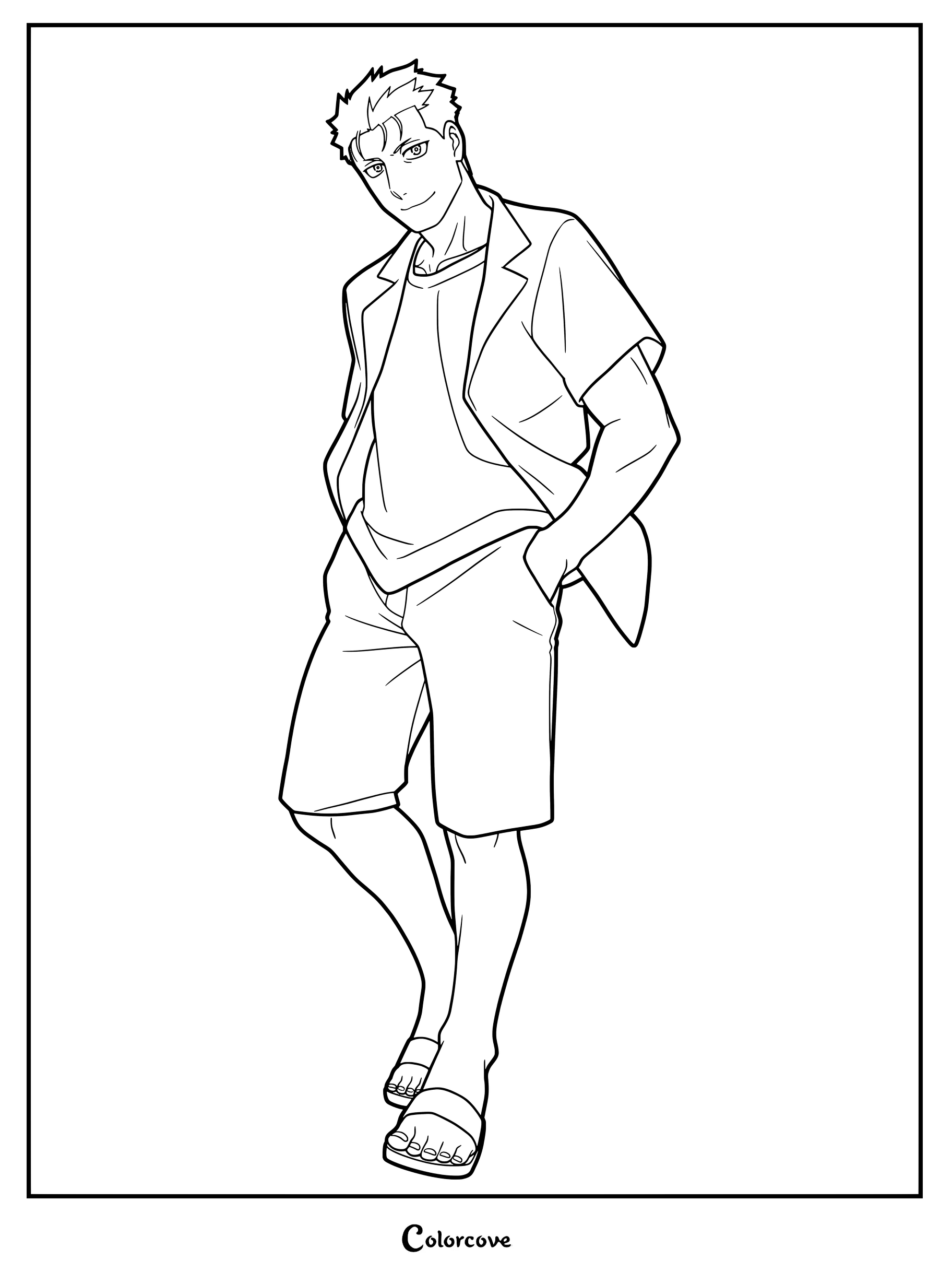 Detailed coloring page of Ryu Tadera, head of the Tadera clan, standing in casual clothes with hands in his pockets.