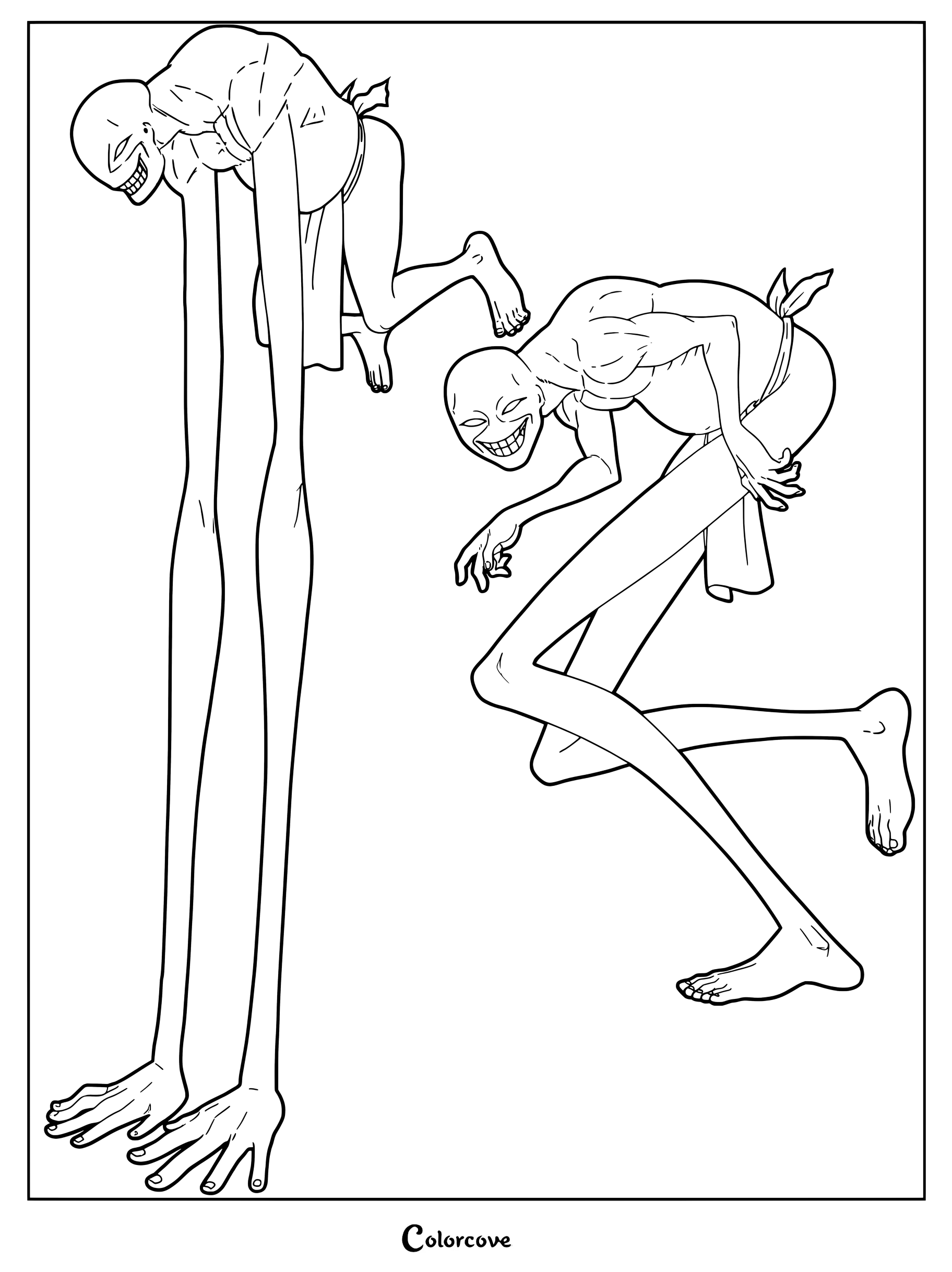 Detailed coloring page of Tenaga and Ashinaga, the Daemons Ken Tadera unknowingly formed a pact with.