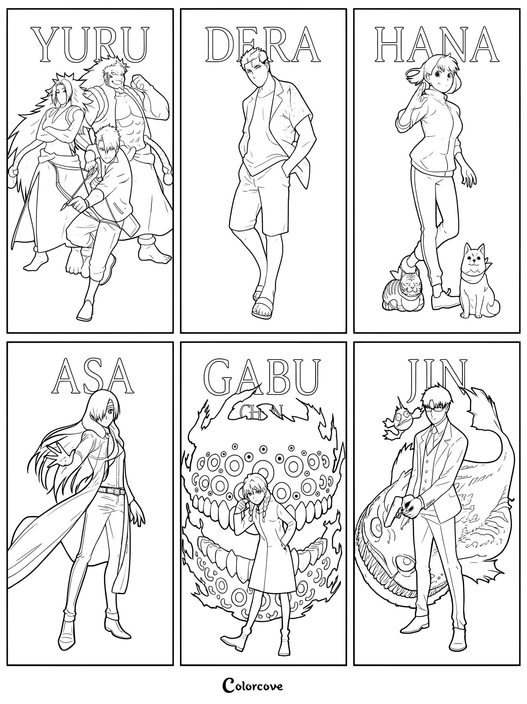 Detailed coloring page featuring Yuru, Dera, Hana, Asa, Gabu, and Jin in individual character panels.