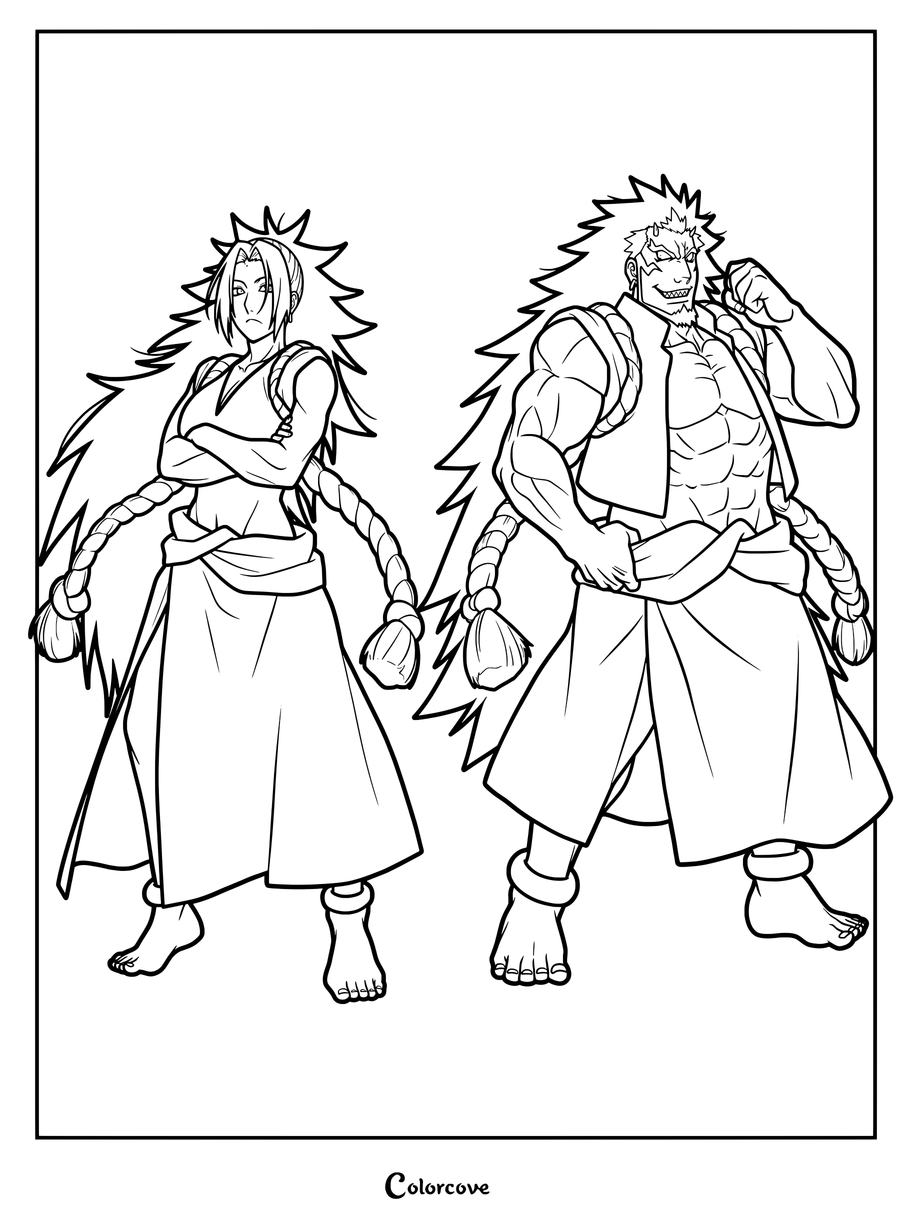 Detailed coloring page of The Divine Guardians Right and Left standing side by side in a powerful pose.