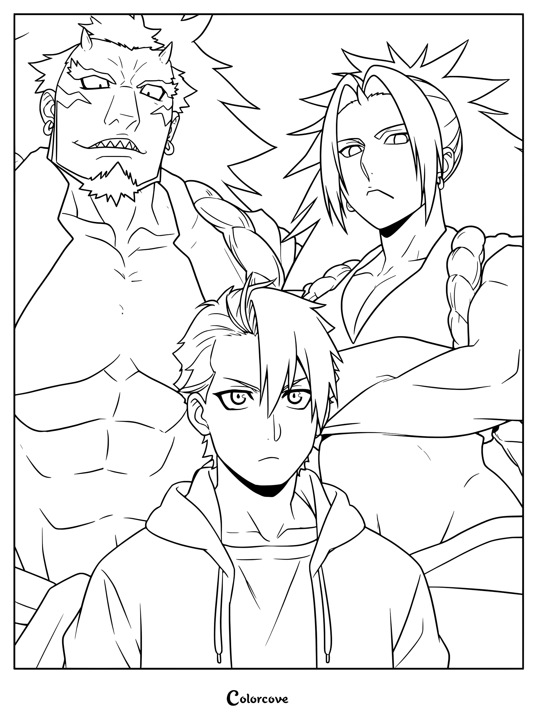Detailed coloring page of Yuru standing with his powerful daemons, Left and Right, from Shadow Realm.