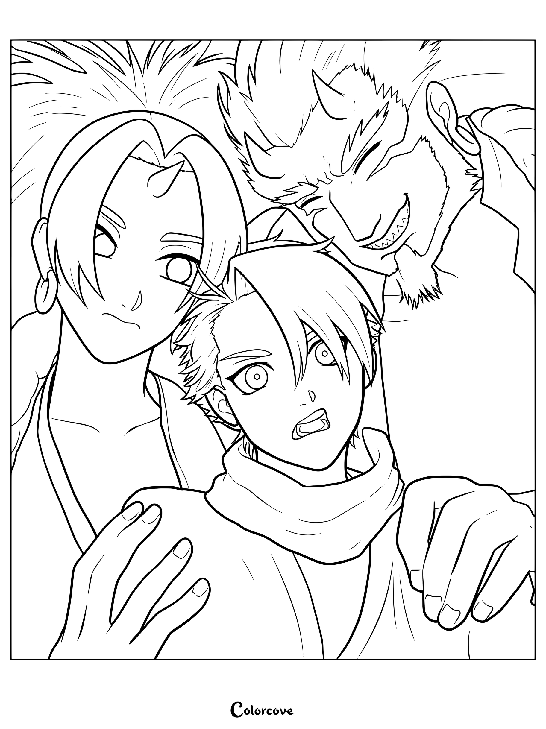 Detailed coloring page of Yuru surrounded by his daemons, Left and Right, in a close-up portrait.