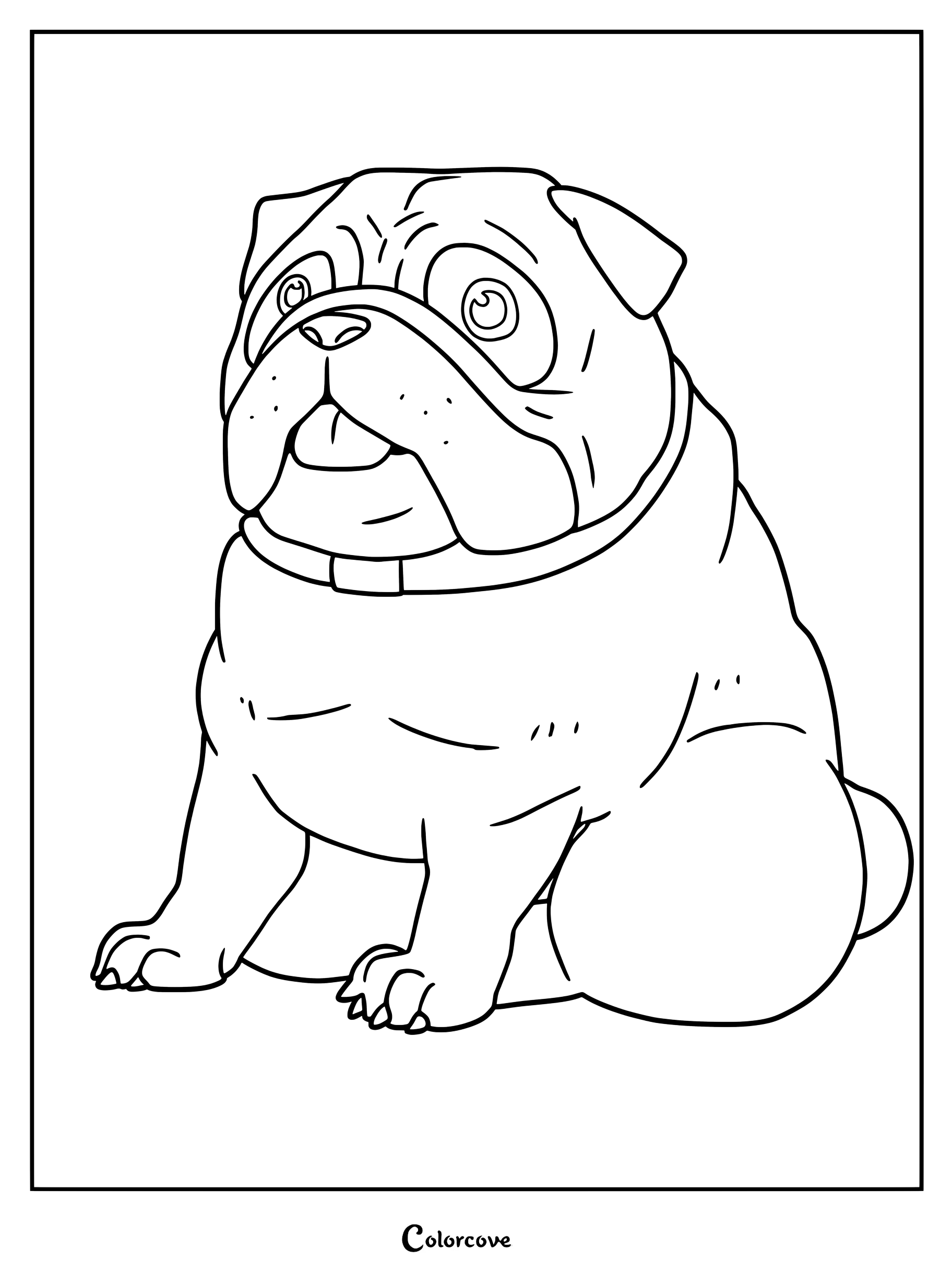 Simple coloring page of a cute pug sitting down with a collar, featuring clear outlines and large areas to color.
