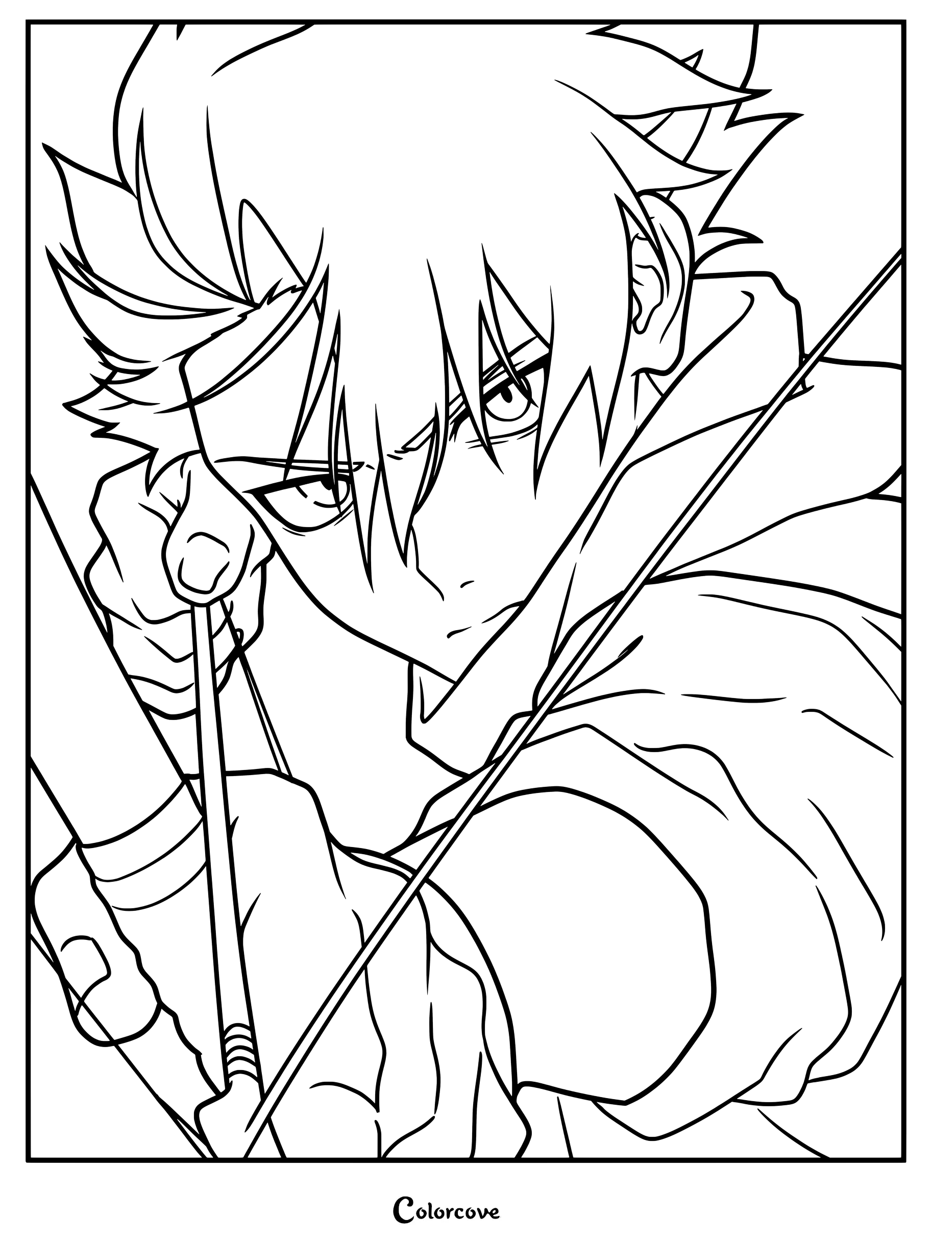 Detailed coloring page of Yuru from Daemons of the Shadow Realm aiming a bow and arrow with intense focus.