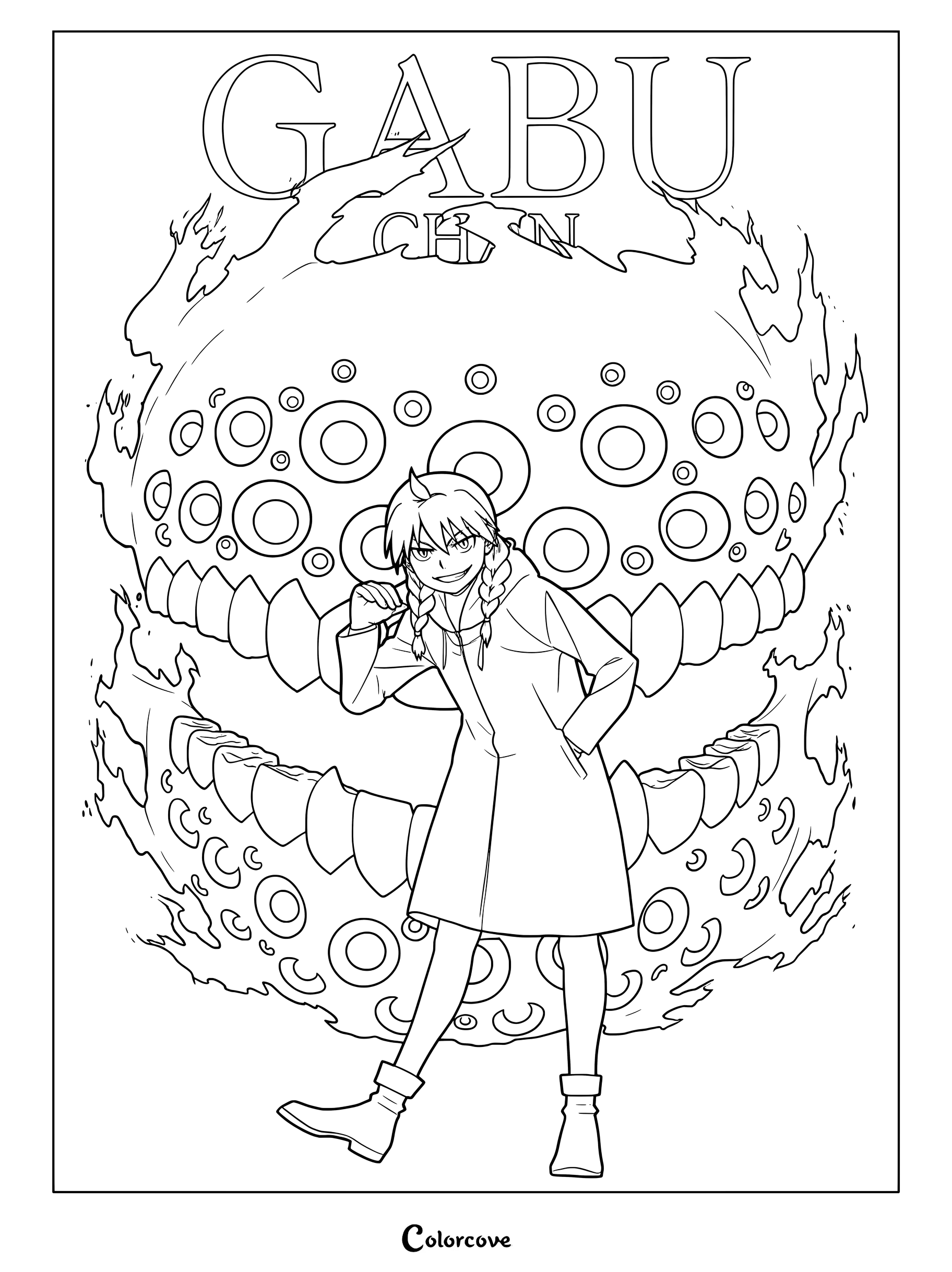 Detailed coloring page of Gabu-chan from Daemons of the Shadow Realm with her monster daemon looming in the background.
