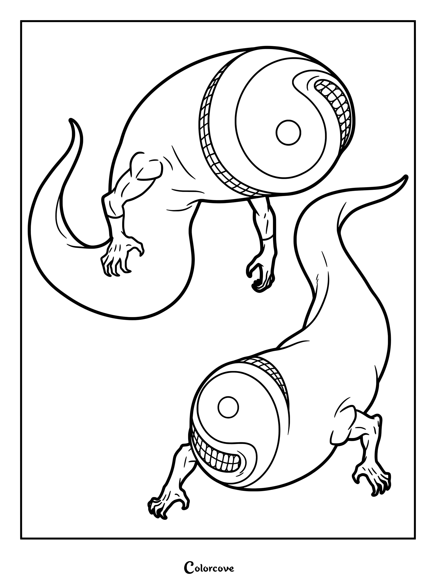 Detailed Yin Yang daemon coloring page featuring two swirling shadow creatures with muscular arms and circular heads.
