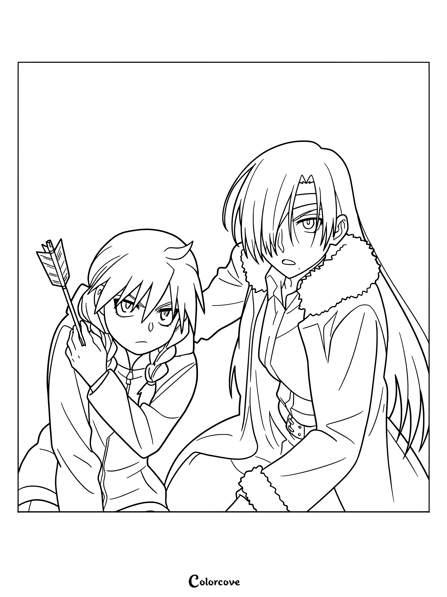 Detailed coloring page of Yuru holding an arrow while Asa looks on with concern in the Shadow Realm.