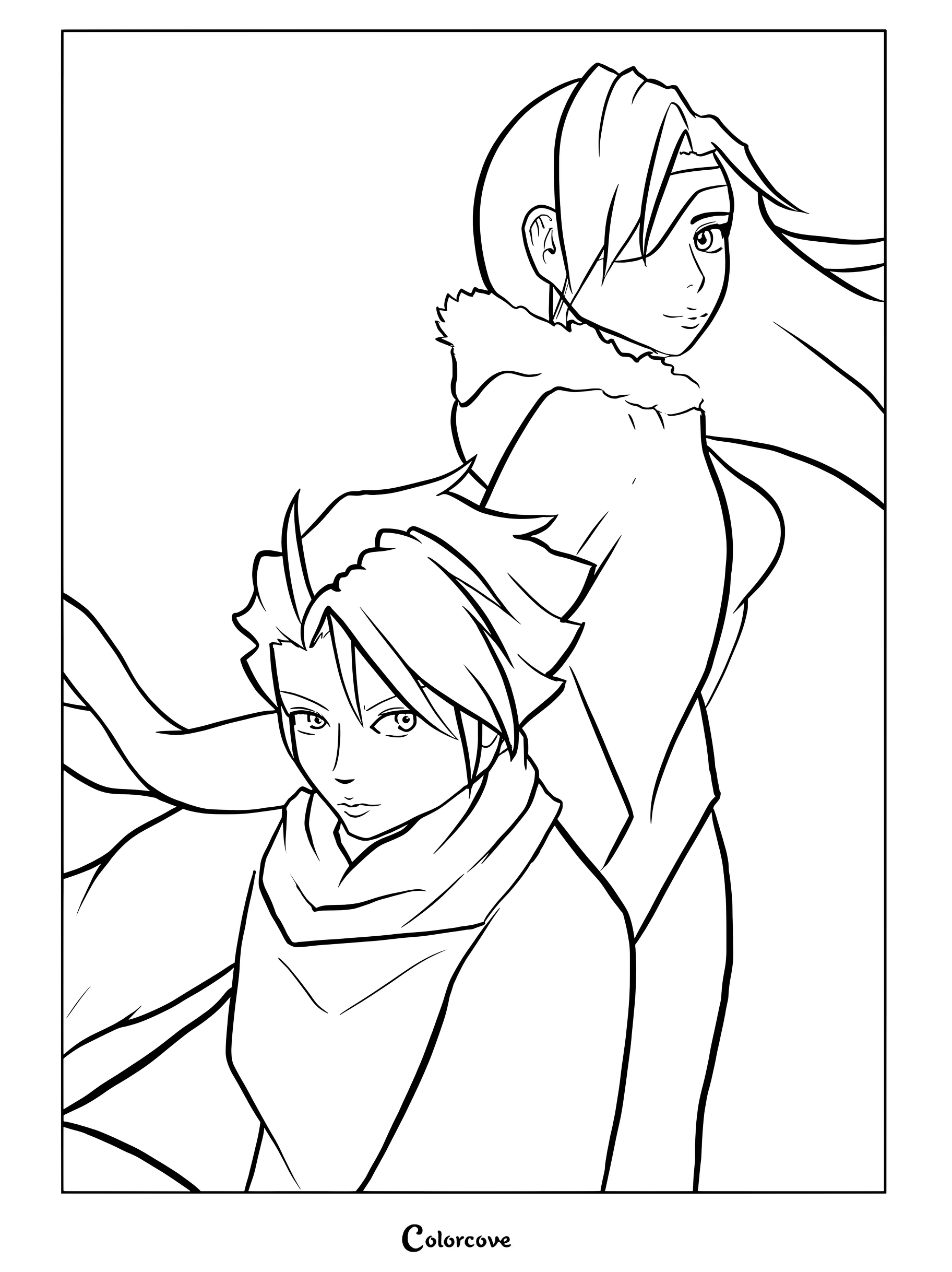 Medium difficulty coloring page featuring Yuru and Asa standing back-to-back in a dynamic anime pose.