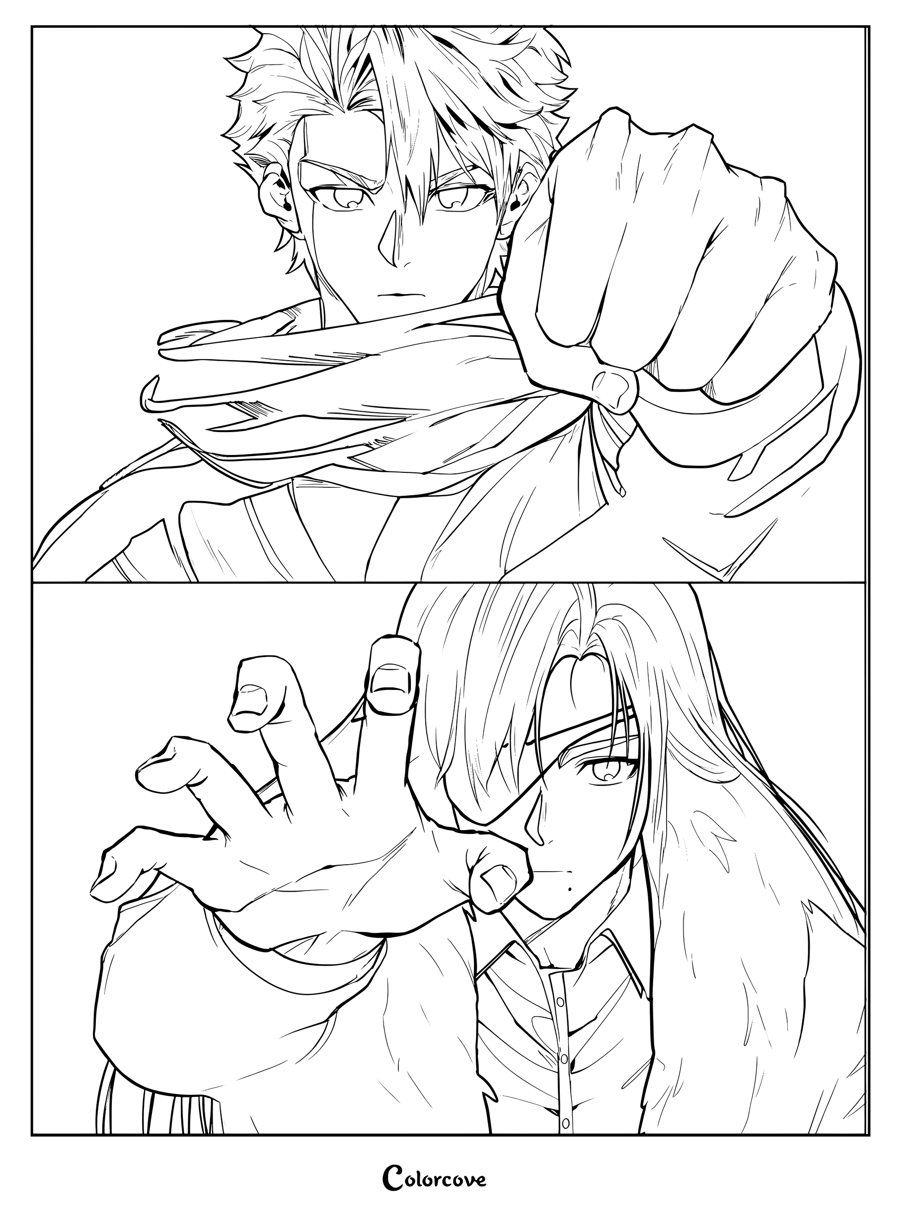Detailed coloring page of Yuru throwing a punch and Asa reaching forward with an intense gaze.