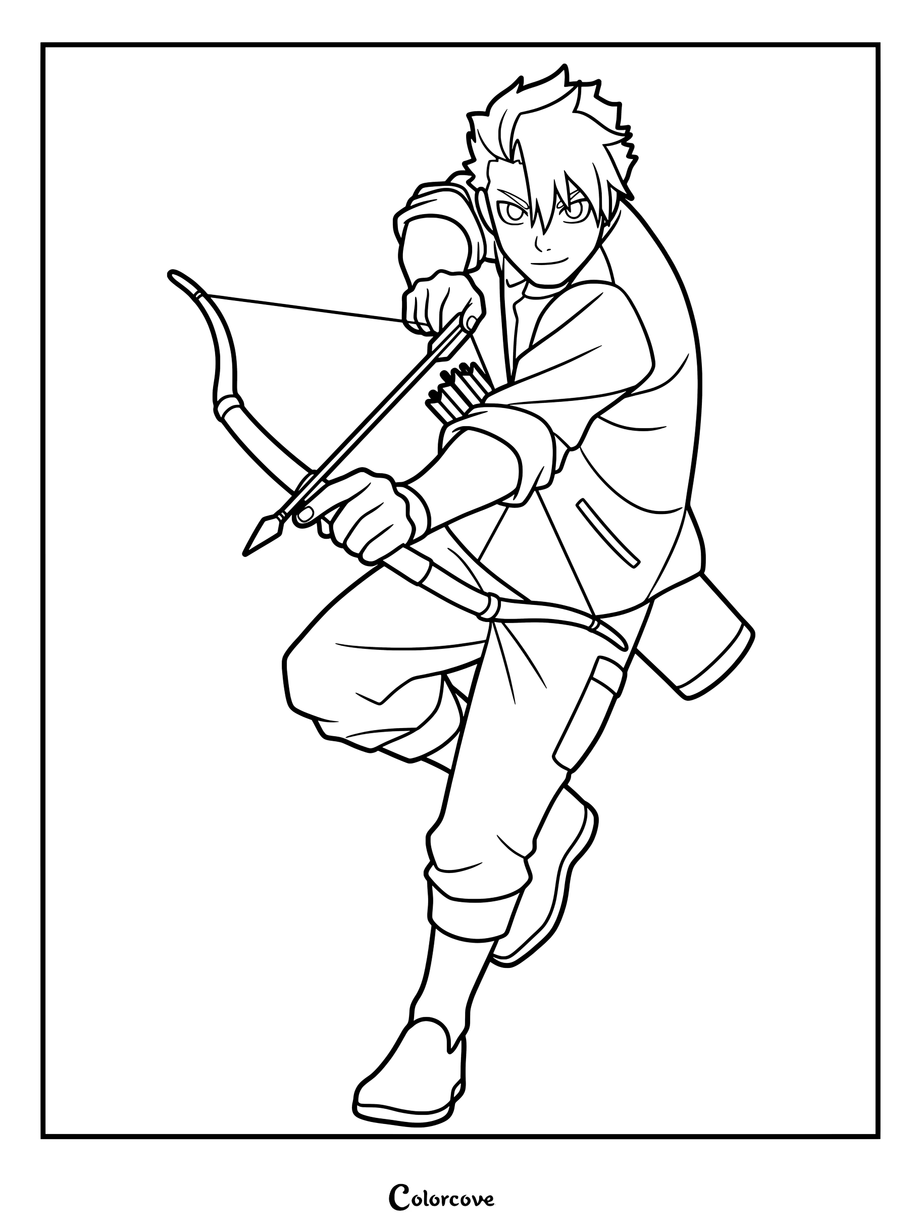 Detailed coloring page of Yuru, the Twin of Night, aiming a bow and arrow in an action pose.