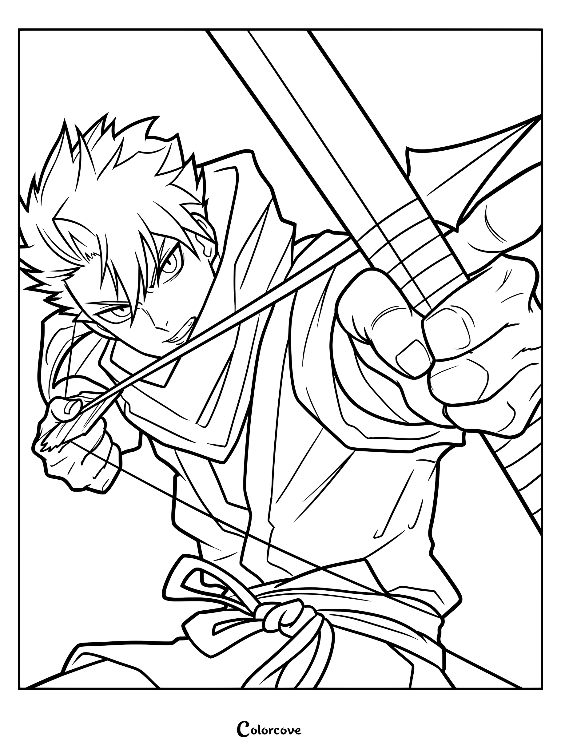 Detailed coloring page of Yuru aiming a bow and arrow with intense focus.