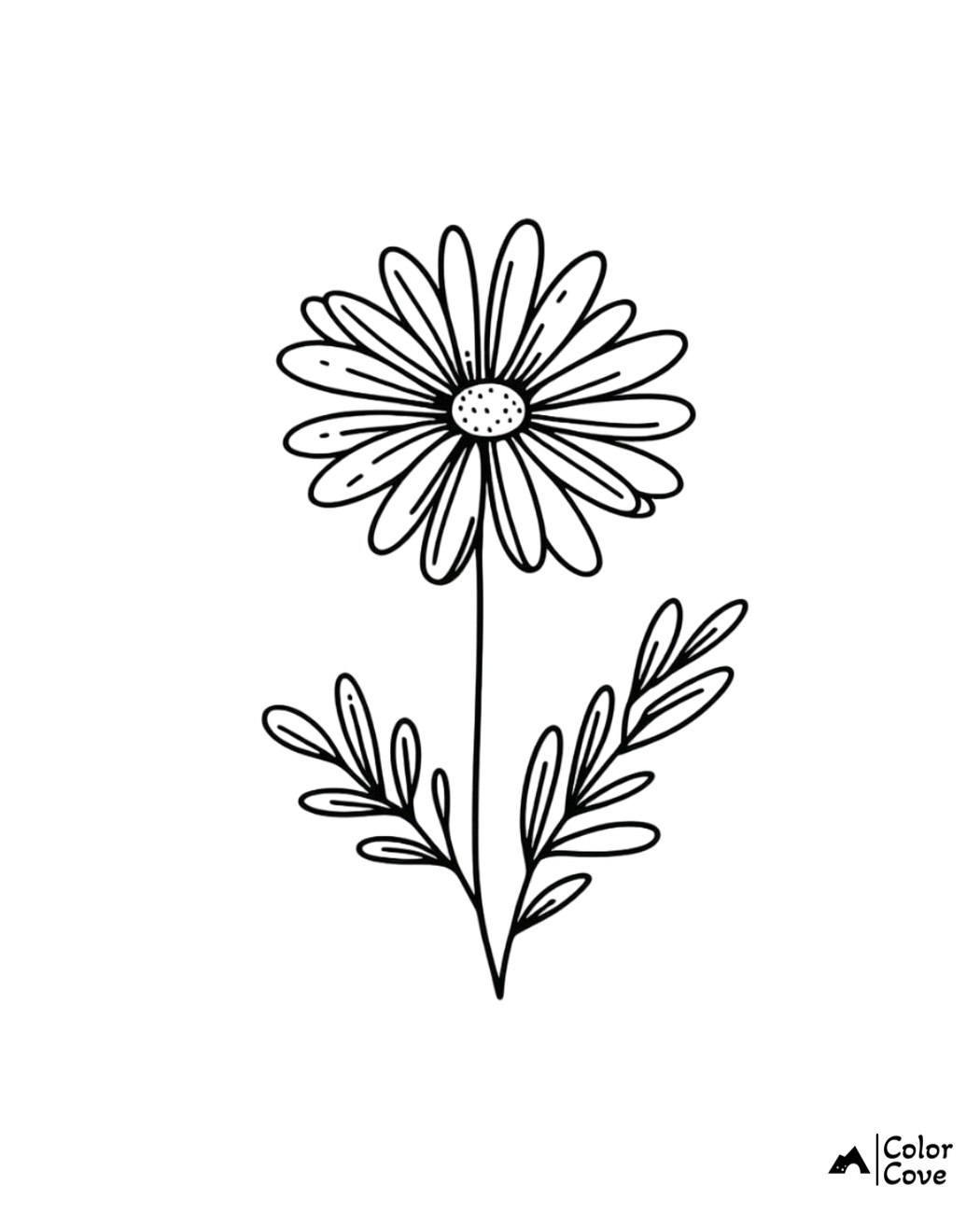 Simple flower coloring page with a single daisy and leaves, perfect for kids and adults to spark creativity.