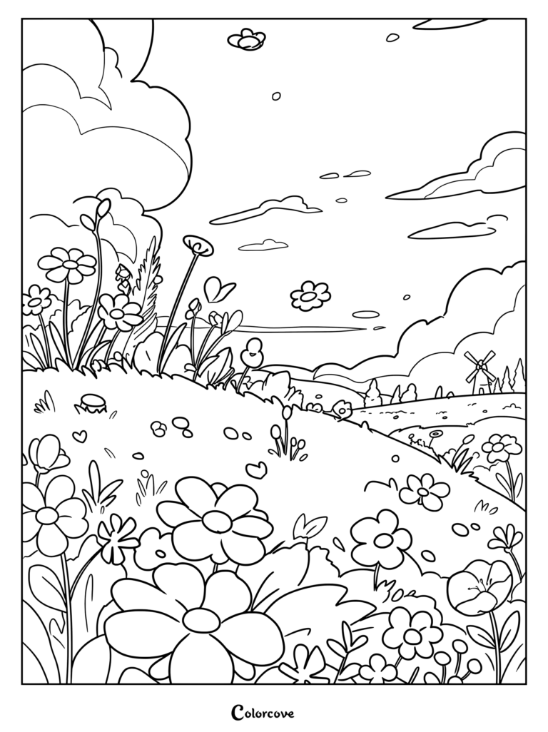 Detailed daisy coloring page featuring a scenic spring landscape with rolling hills, clouds, and wildflowers.