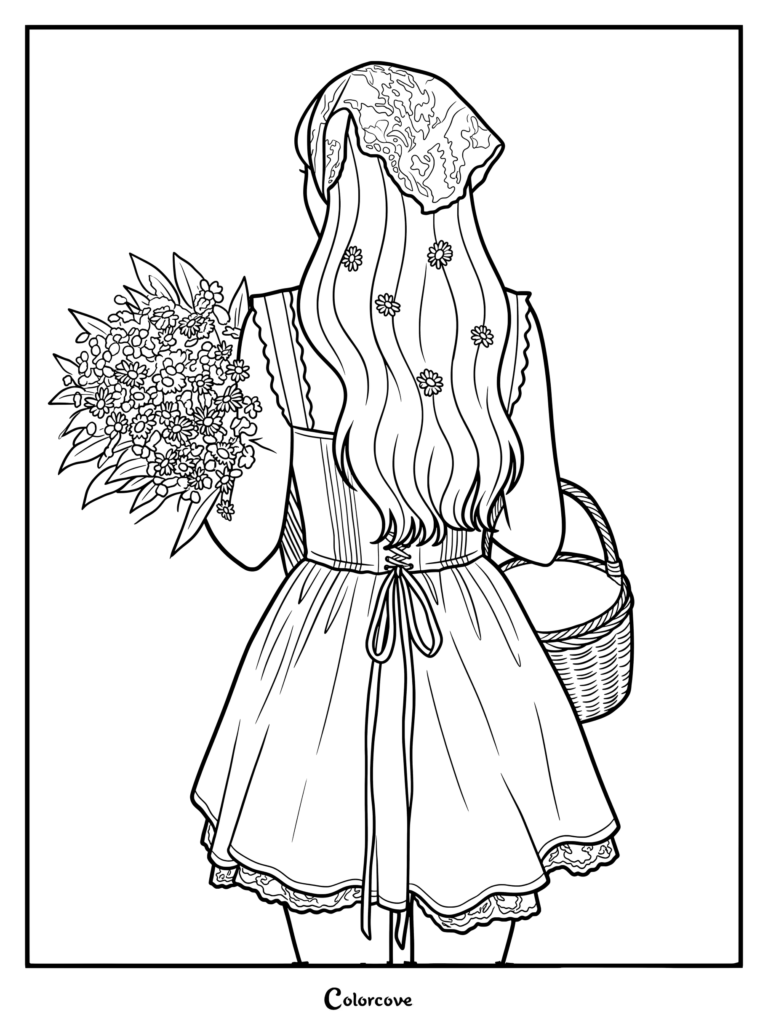 Girl holding a large bouquet of Daisy flowers for coloring page