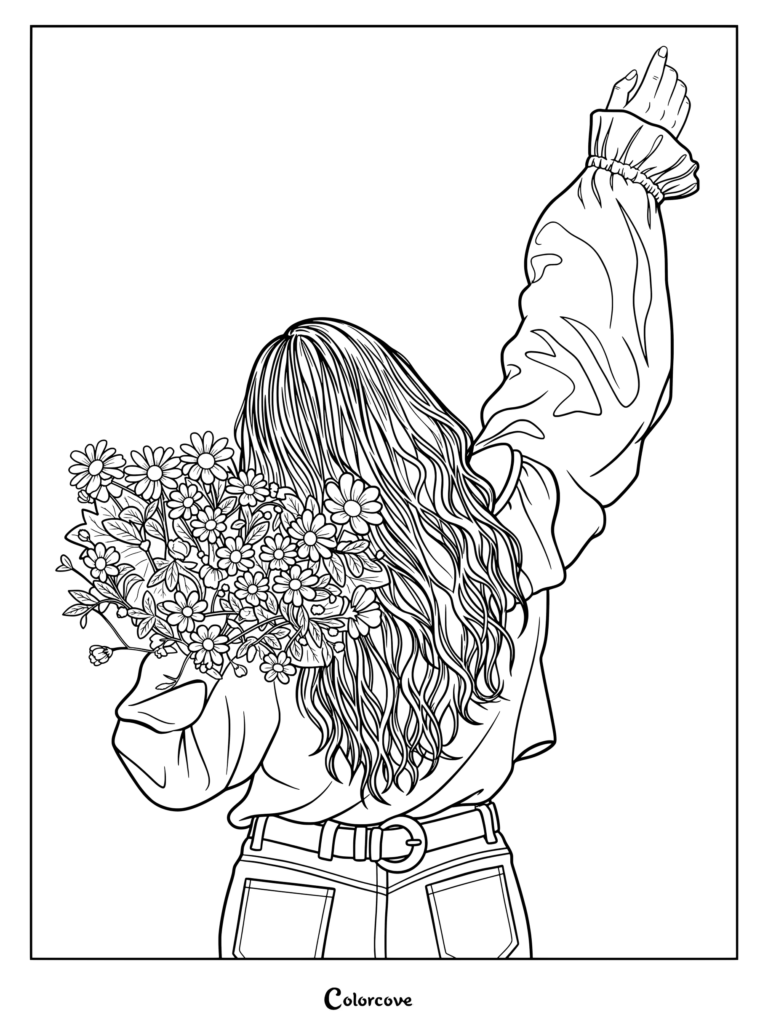A girl with long hair holds a bouquet of flowers in this Daisy coloring page.