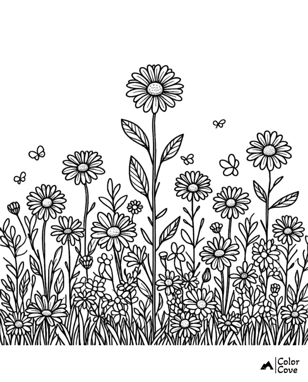 Coloring page of flowers and butterflies in a garden, perfect for kids and adults to color. From Color Cove.