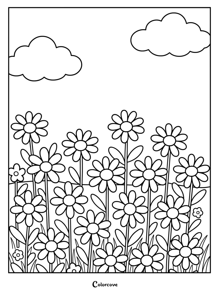 Field of blooming flowers under puffy clouds in a daisy coloring page.