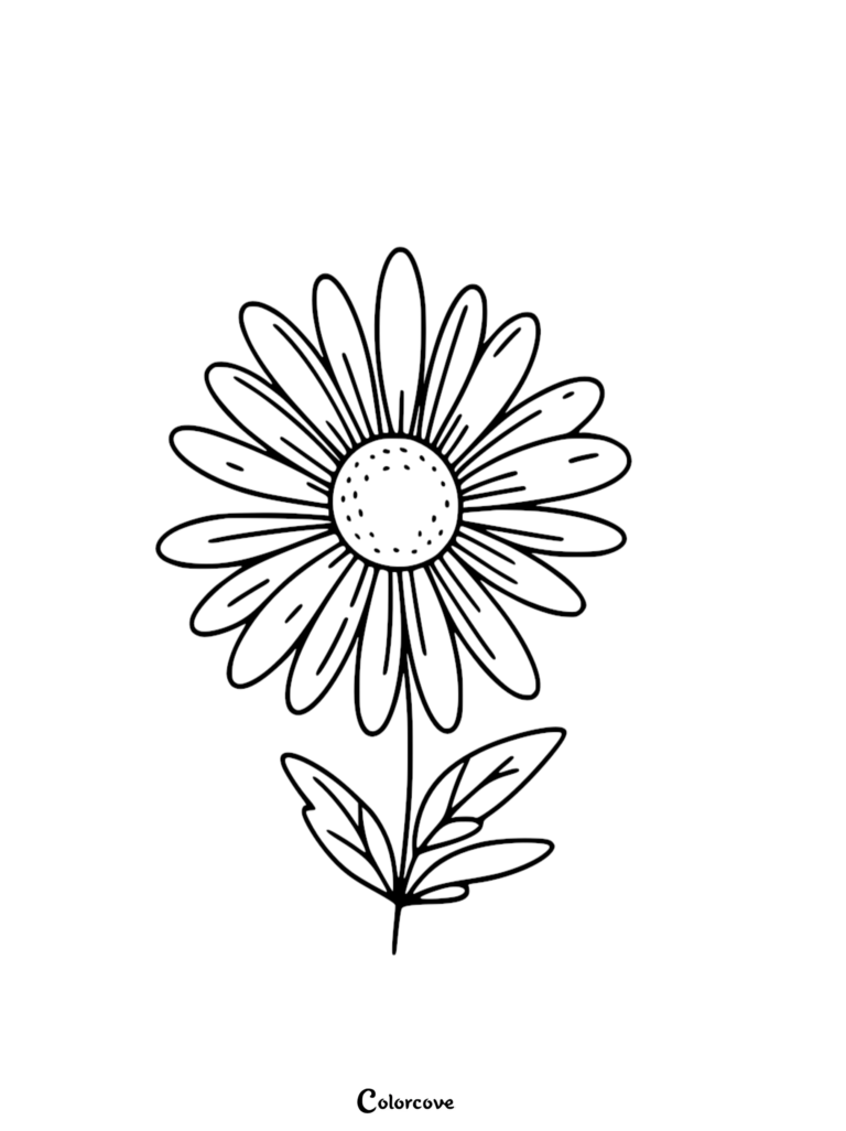 A simple outline of a daisy flower with long petals and stem leaves, designed as a free printable coloring page.