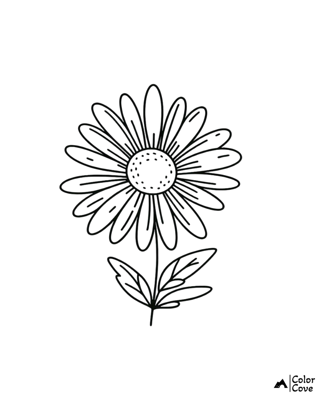 Coloring page of a simple flower with detailed petals and leaves, perfect for kids and adults to color and enjoy.