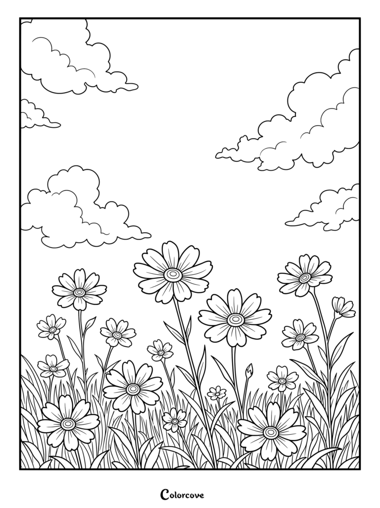 Daisy flower meadow under fluffy clouds coloring page