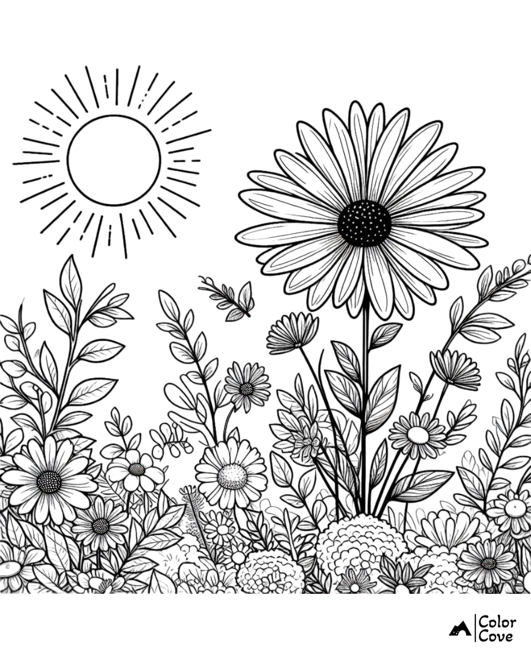 Sunflower and wildflower coloring page with sun illustration for kids and adults. Perfect for stress relief and creativity.