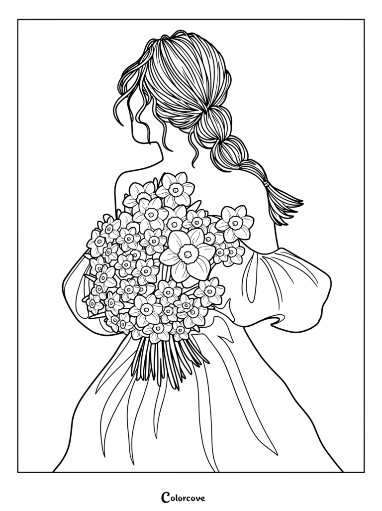 Woman with braided hair holding a bouquet of flowers in a printable daisy coloring page.