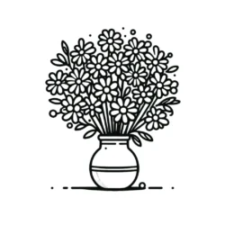 Flower bouquet in vase coloring page with detailed petals and leaves. Perfect for kids and adults to color and enjoy.