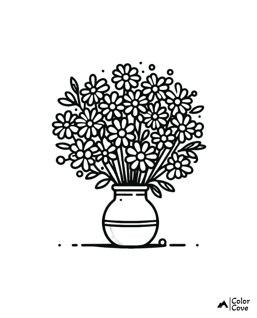 Flower bouquet in vase coloring page with detailed petals and leaves. Perfect for kids and adults to color and enjoy.