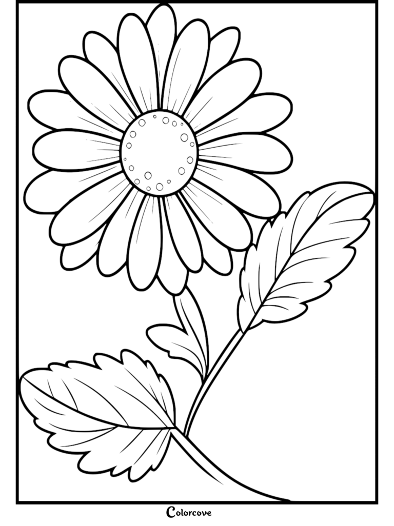 Free printable Daisy coloring page featuring a large flower with leaves.