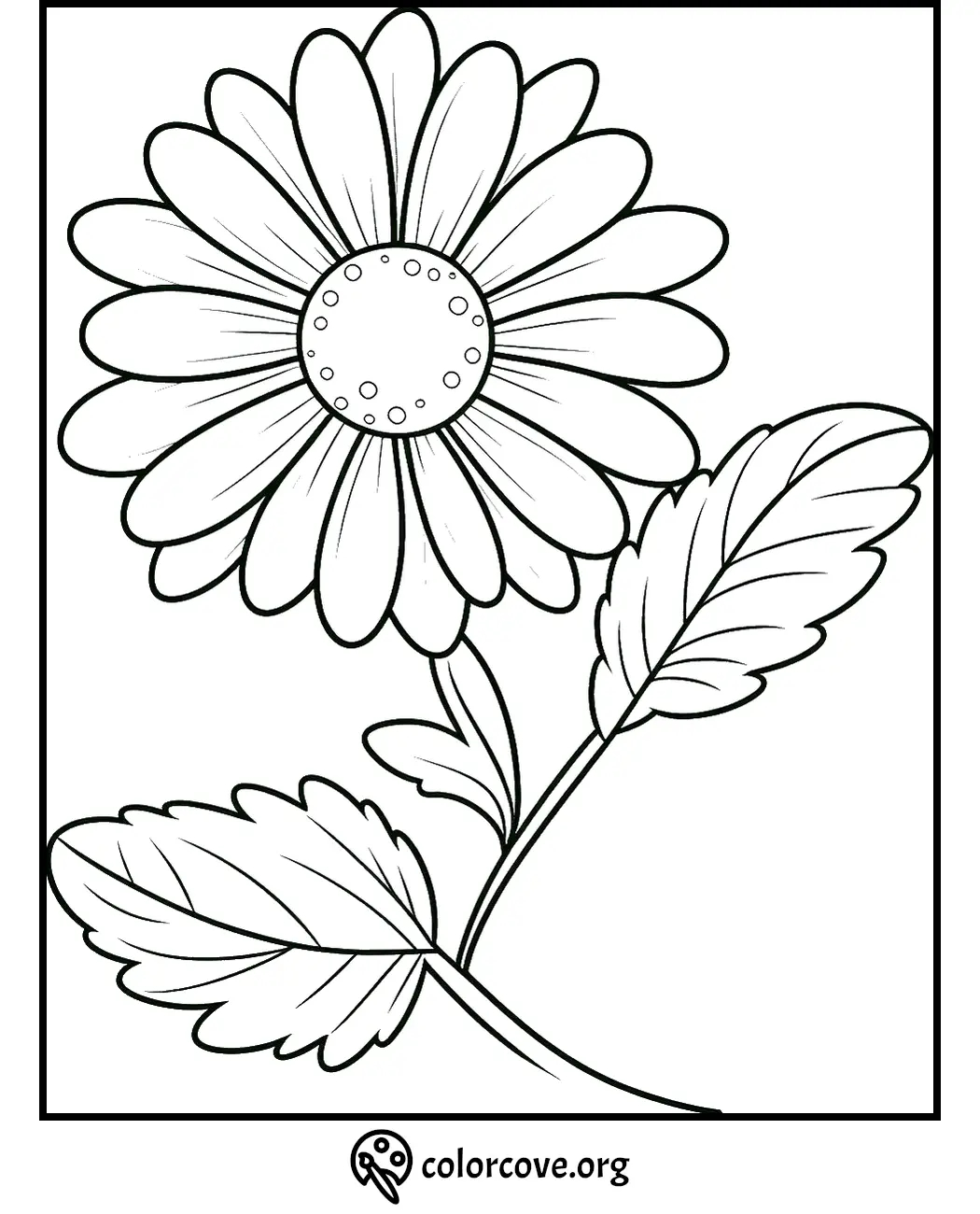 Coloring page of a daisy flower with large petals and leaves, perfect for kids and adults. Printable floral design.