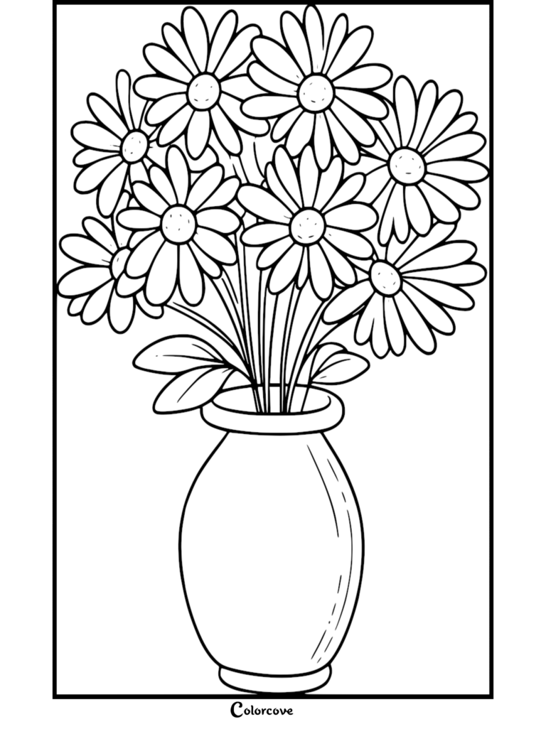 Free printable Daisy coloring page featuring a bouquet of flowers in a vase.